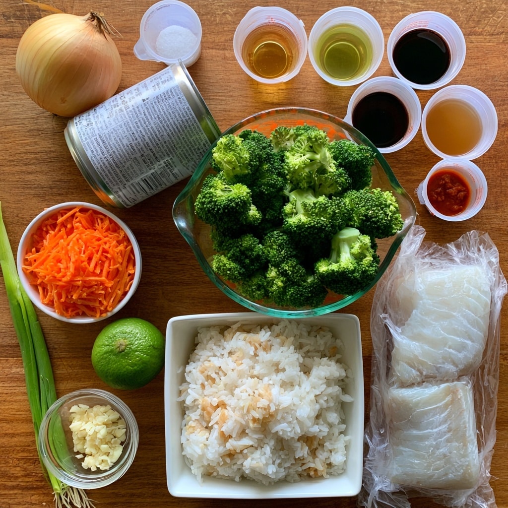 The image shows a wooden surface with various cooking ingredients arranged neatly. In the center, there is a clear measuring cup filled with bright green broccoli florets. Below it, a white square bowl contains cooked white rice with some bits of beige mixed in. To the left of the broccoli, there is a small white bowl filled with orange shredded carrots, and a whole lime sits beneath it. Near the bottom left, there is a long green onion and a small glass bowl filled with minced garlic. Close to the carrots, a can of full fat coconut milk lies on its side. On the top left, a whole yellow onion and a small measuring cup with salt are placed. On the top right, four small cups hold different liquids: honey (light golden), avocado oil (pale yellow), soy sauce (dark brown), and chicken broth (light amber), while a small measuring cup with red curry paste shows a deep red color. Near the bottom right, two cod fillets are wrapped in clear plastic. Everything is laid out on a wooden surface. Photo taken with an iphone --ar 4:5 --v 7