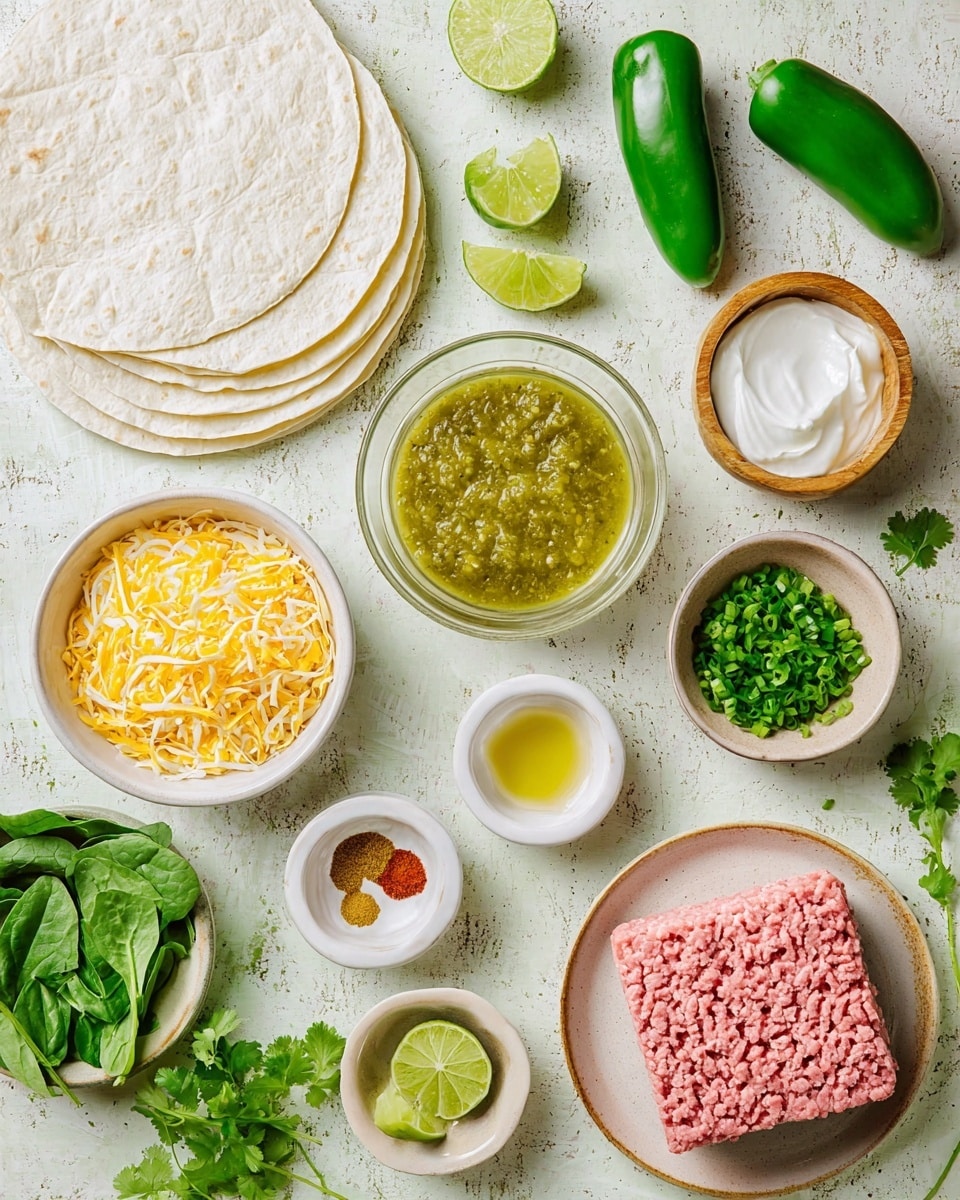 The image shows an overhead view of various ingredients neatly arranged on a white marbled surface. From the top left, three stacked white flour tortillas rest next to two fresh green jalapeños. Moving right, a transparent bowl holds a smooth green salsa, while below it, a beige bowl is filled with shredded yellow cheese. To the left, a small white bowl contains chopped green chili peppers. Further down, a white bowl is filled with fresh chopped spinach, and next to it are lime wedges. At the bottom right, a beige plate carries a square portion of raw pink ground meat with a lined texture. Nearby, a wooden bowl has a dollop of white sour cream, and a tiny white bowl holds light yellow oil. A small white bowl with various spices—red, yellow, white, green, and black—is placed in the center, between the bowls of cheese and chopped onions. The white bowl of diced onions is positioned next to the greens. There are sprigs of fresh cilantro spread loosely on the surface. The composition is bright with a clean, fresh look, enhanced by the white marbled texture below photo taken with an iphone --ar 4:5 --v 7