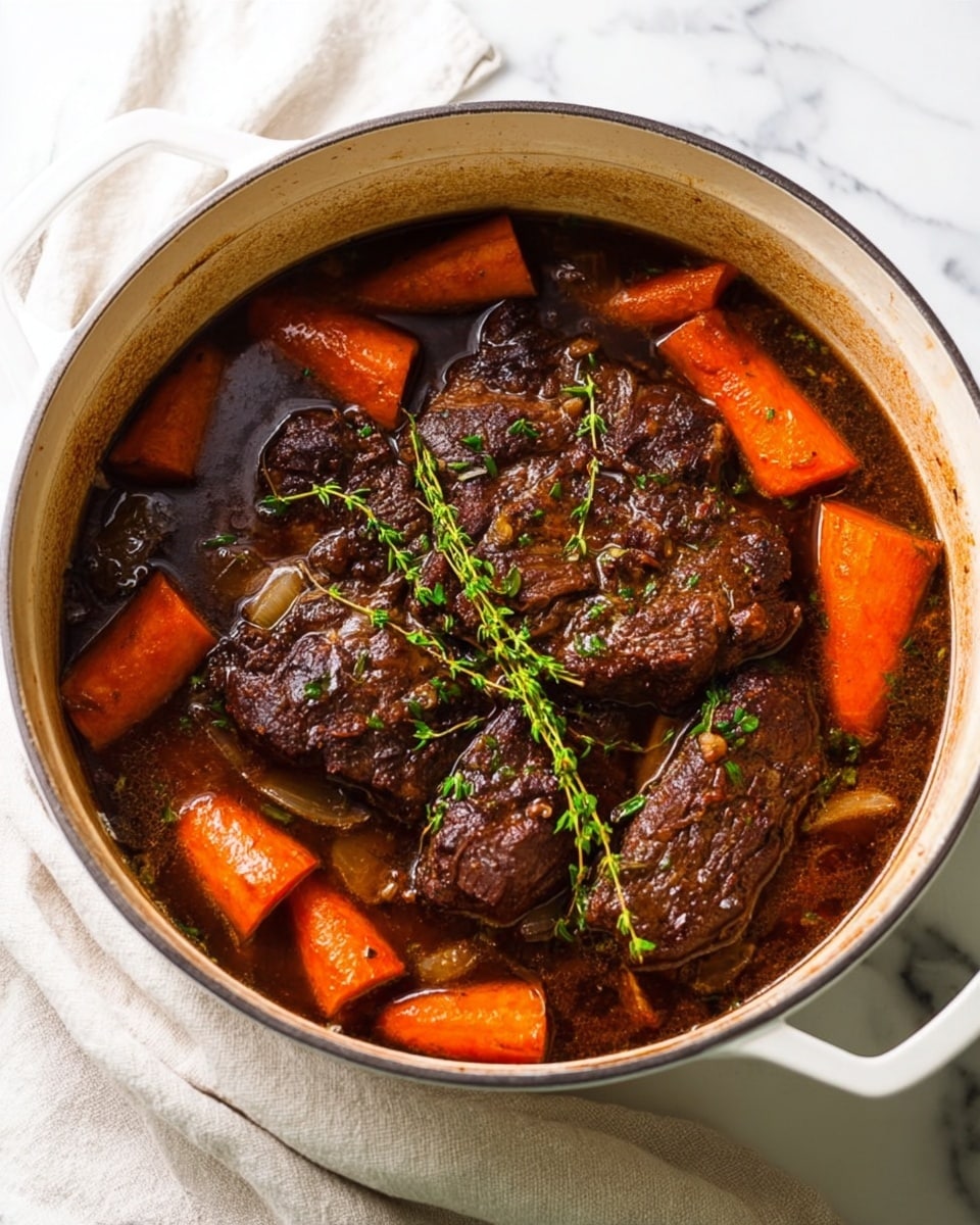 A white bowl holds three layers of food, placed on a white marbled surface. The bottom layer is creamy mashed potatoes, smooth and pale yellow in color, filling the bowl. On top of the potatoes sit chunky pieces of shredded dark brown meat, moist and tender-looking, slightly scattered with small bright orange carrot pieces. Fresh chopped green herbs are sprinkled over the meat and carrots. A spoon rests inside the bowl leaning against the side. In the background, a large white pot filled with more shredded meat and carrots is visible, slightly out of focus. Photo taken with an iphone --ar 4:5 --v 7