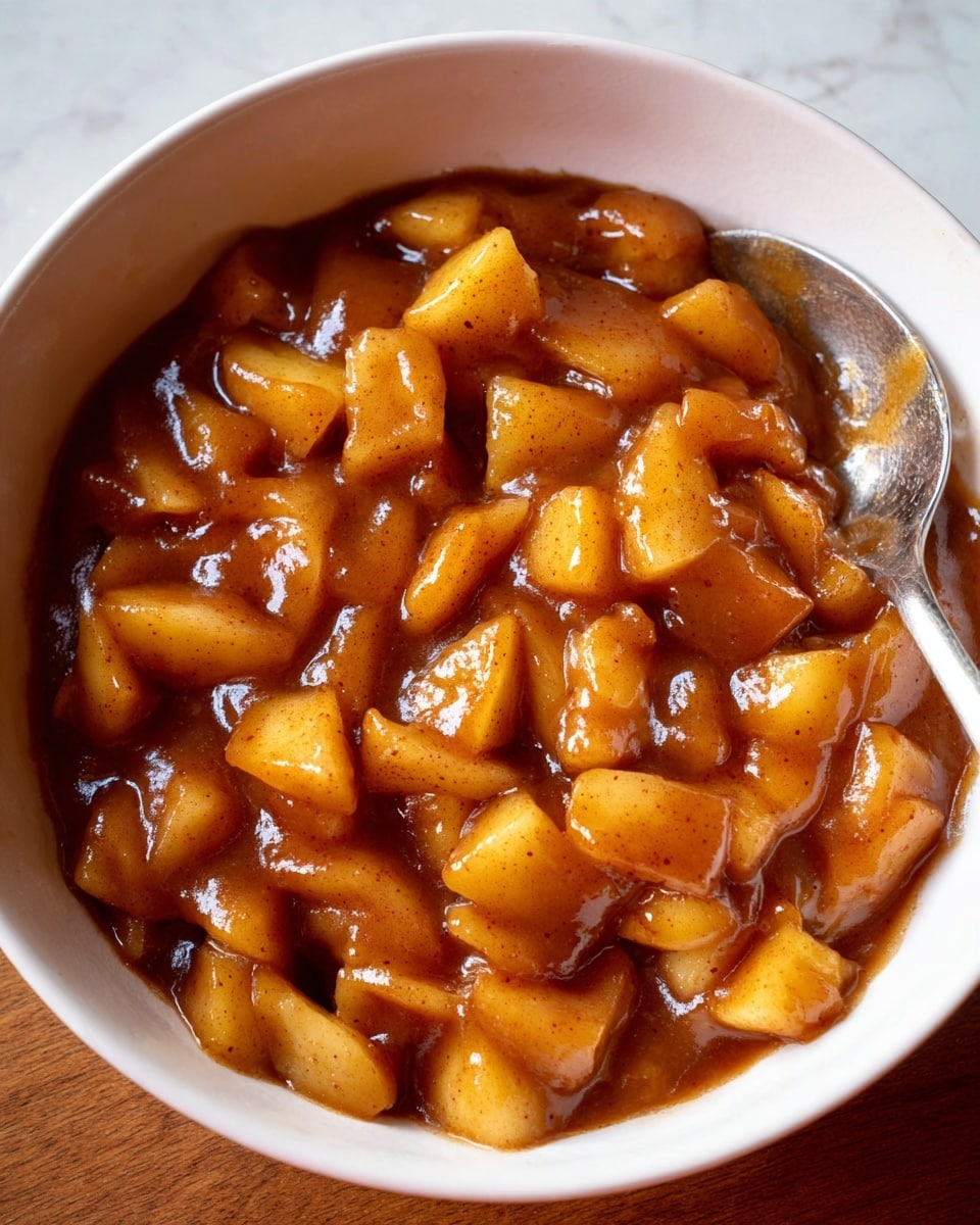 A close-up view of a white bowl filled with a thick, glossy apple mixture cooked in a warm brown sauce with visible specks of cinnamon or spice. The dish contains evenly cut small chunks of soft, yellow-orange apples that look tender and juicy. The sauce coats the apple pieces evenly, creating a rich texture. A silver spoon rests inside the bowl at the bottom right, partially covered by the apple sauce. The bowl is placed on a white marbled surface. photo taken with an iphone --ar 4:5 --v 7