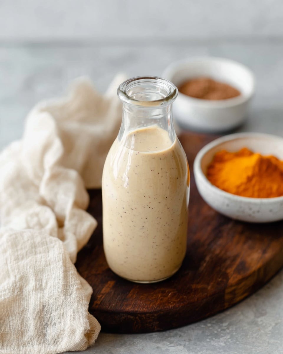 A clear glass bottle filled with a creamy, light beige sauce showing small black specks inside stands on a dark wood board. To the left side of the bottle, a crumpled light beige cloth spreads partially on the board. In the background on a white marbled surface, there is a small white bowl filled with bright orange powder and a small white dish with brown powder blurred out. The focus is on the bottle with a soft, natural light highlighting the smooth texture of the sauce inside. photo taken with an iphone --ar 4:5 --v 7