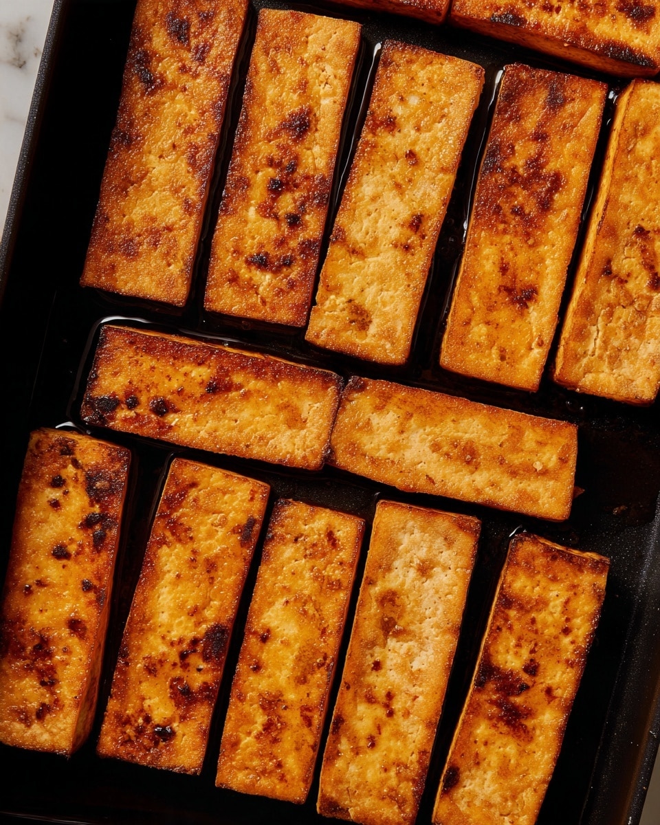 The image shows a close-up of a black pan with 15 rectangular slices of tofu spread evenly. Each tofu slice has a golden-orange color with darker brown spots and a slightly shiny surface, indicating they are fried or grilled. The pieces are arranged in neat rows, with the texture looking firm and a bit rough. The edges of the tofu slices show a bit of crispiness. The pan surface is glossy in some places due to oil. The background is a white marbled texture photo taken with an iphone --ar 4:5 --v 7