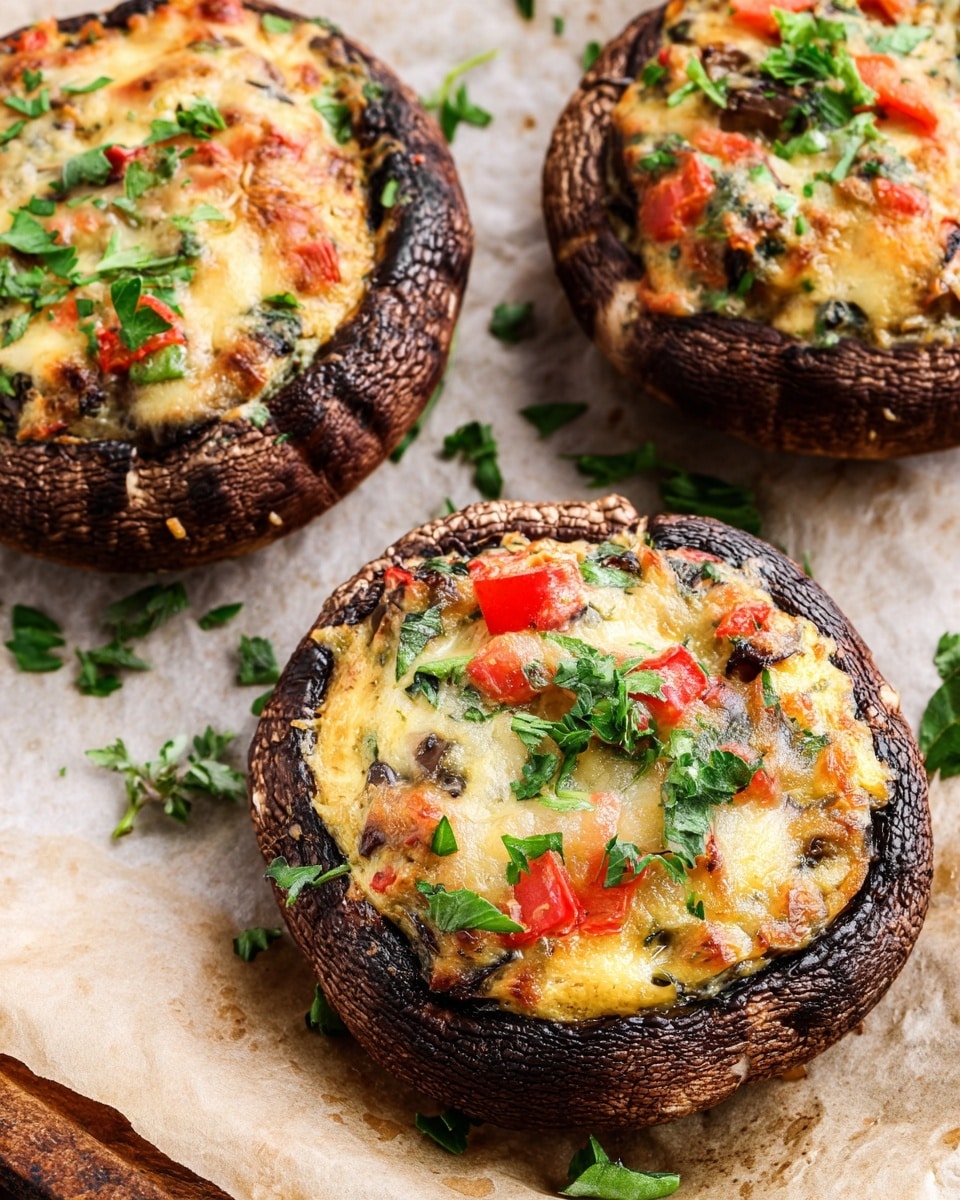 The image shows large stuffed mushrooms on a white plate stacked on two other white plates, all placed on a wooden table with a white marbled texture. Each mushroom has three main layers: the dark brown mushroom base with a wrinkled texture, a thick creamy cheese layer with a rough, golden-browned top, then scattered small red tomato pieces and green parsley on top, adding fresh colors. In the background, there is a glimpse of a whole red bell pepper and some cherry tomatoes near the plate. The focus is on the front mushroom, showing its soft, gooey cheese mixed with tomato and spinach inside photo taken with an iphone --ar 4:5 --v 7