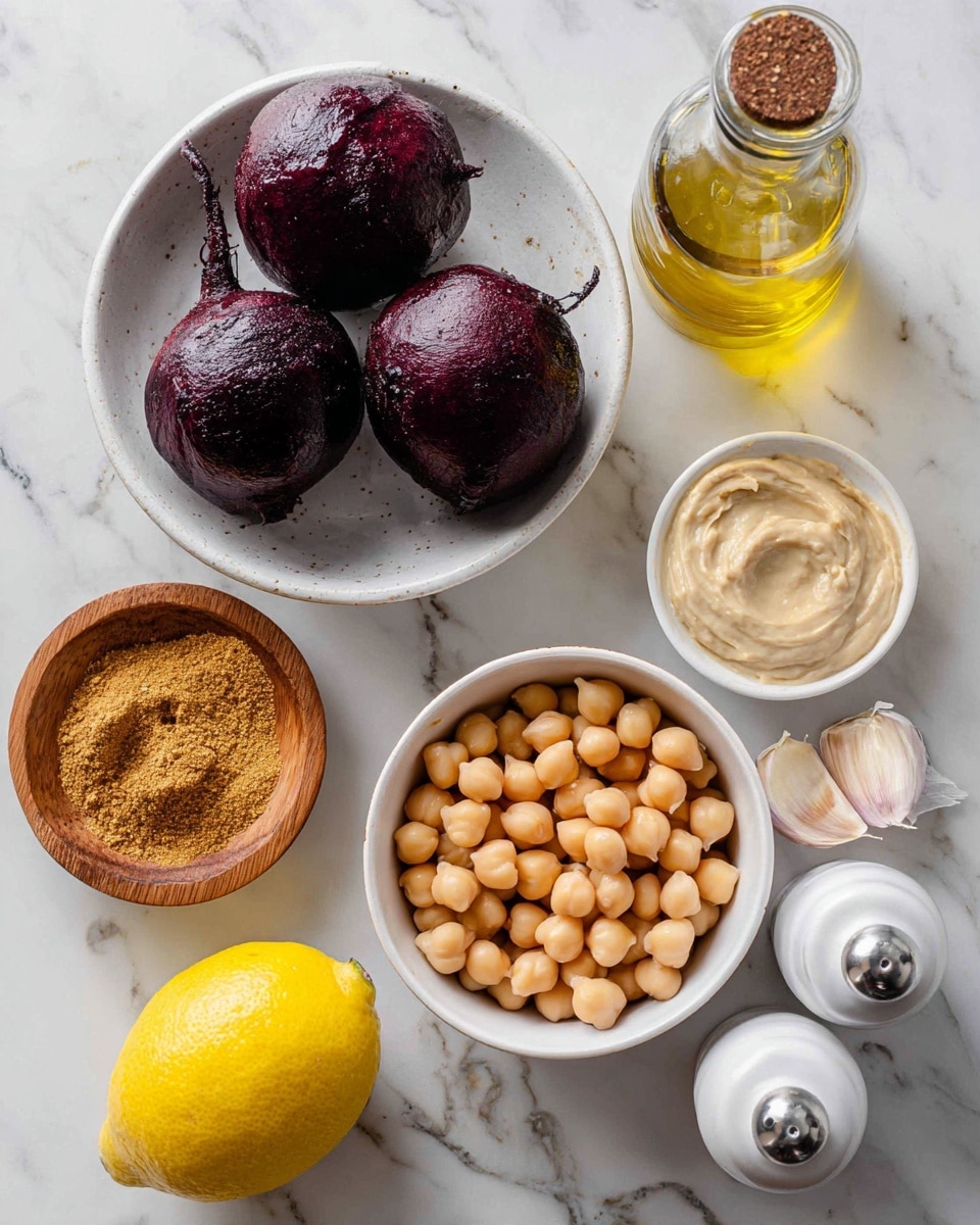 A white bowl in the center holds three dark purple beetroots with a smooth, slightly shiny texture. To the bottom right, there is a white bowl filled with light brown chickpeas, round and smooth. Below the beetroot bowl, a small white dish contains creamy, light brown tahini with a glossy surface. To the bottom left, half a bright yellow lemon with a dimpled surface sits directly on the white marbled background. To the left of the beetroot bowl, a wooden dish holds a heap of warm brown cumin powder with a fine, grainy texture. Above it, a few garlic cloves, pale purple and white with papery skins, rest on the white marbled surface. To the top right of the beetroot bowl, a clear glass bottle filled with golden olive oil and a white salt and pepper grinder set stand side by side on the white marbled surface. photo taken with an iphone --ar 4:5 --v 7