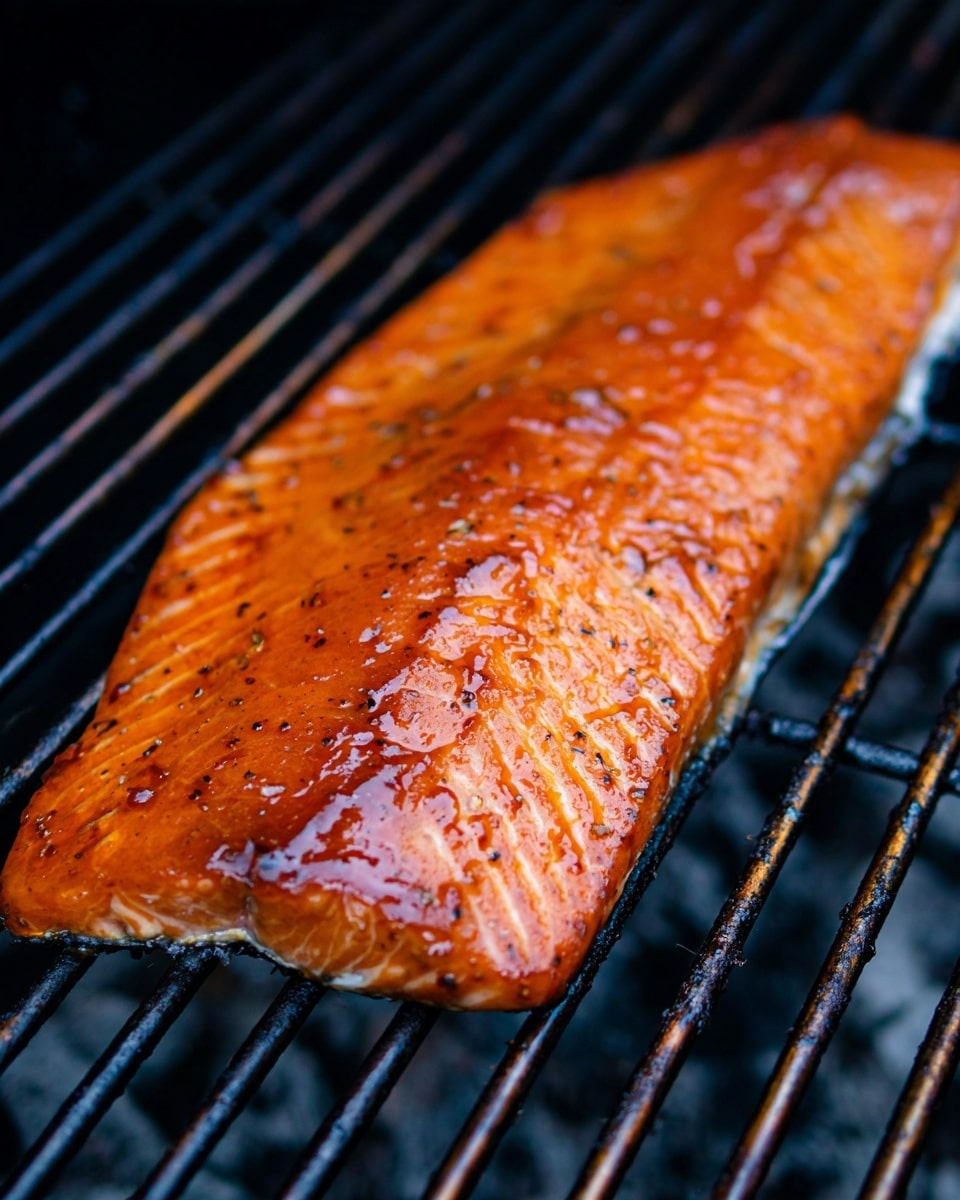 A single large piece of bright orange salmon with white marbling and fine black seasoning lines lies flat on a black grill grate, glossy with a shiny, thick glaze that reflects light, showing juicy texture and slight char marks near its edges. The grill bars run horizontally, creating parallel shadows and contrasts with the vivid color of the fish, all set against a softly blurred dark background. Photo taken with an iphone --ar 4:5 --v 7