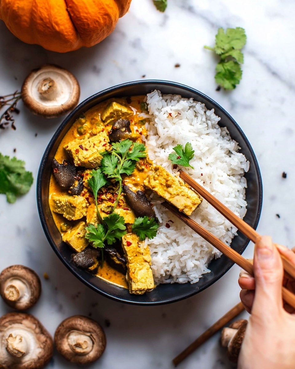 A black bowl on a white marbled surface holds two main layers: one half is white steamed rice with grainy texture, and the other half is orange curry with tofu cubes and dark brown mushrooms. The curry is topped with green cilantro leaves that add fresh color. Woman's hand with wooden chopsticks is picking up some rice on the right side of the bowl. Around the bowl, there are whole brown mushrooms and a small orange pumpkin placed slightly out of focus, enhancing the cozy food scene. Photo taken with an iphone --ar 4:5 --v 7