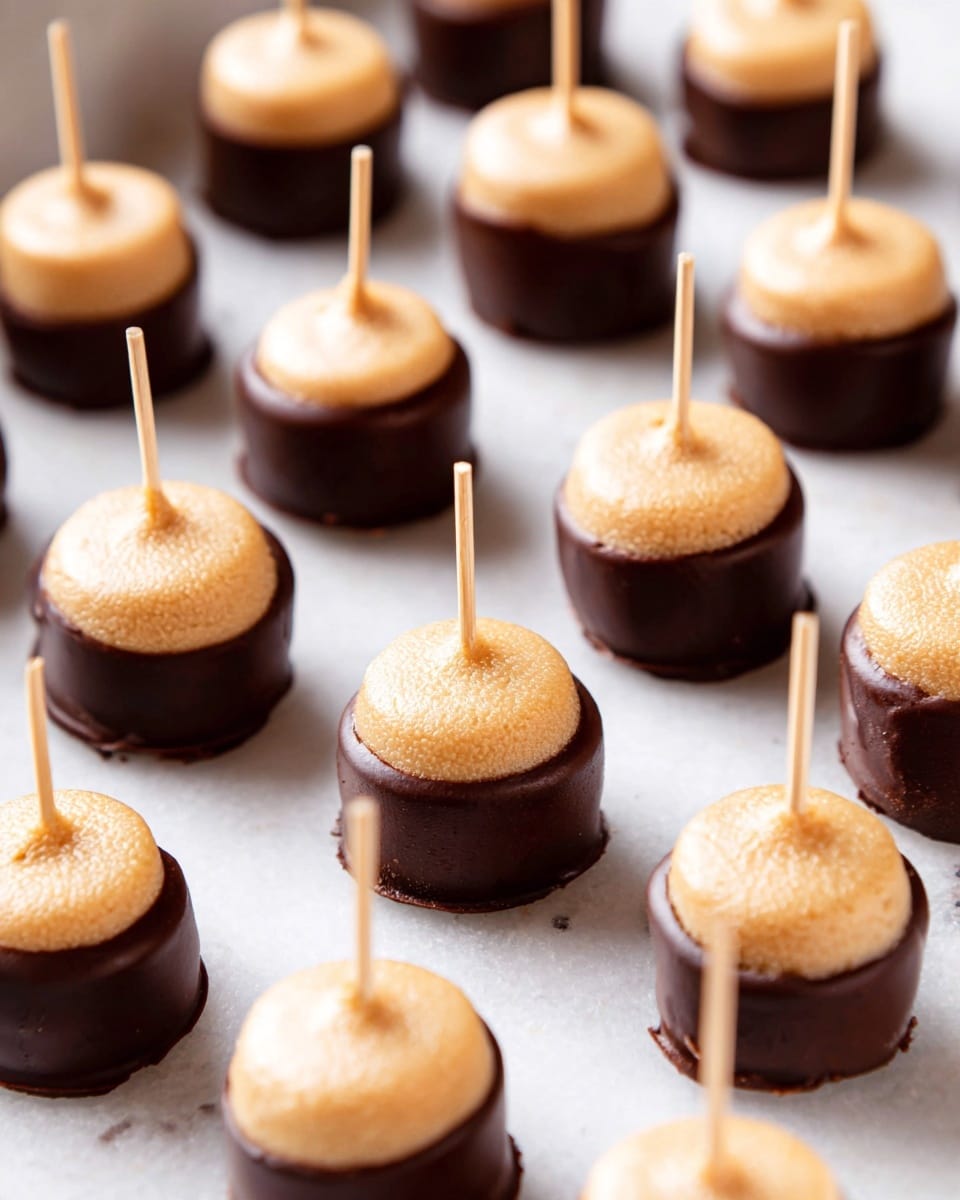 The image shows rows of small round treats arranged neatly on a white marbled surface. Each treat has two layers: the bottom layer is smooth and dark brown, like chocolate, covering about two-thirds of the treat's height, while the top layer is light tan with a textured, slightly creamy look. Each piece has a thin wooden toothpick standing straight in the center. The treats are lined up in a slightly diagonal pattern, with soft lighting highlighting their shiny and textured surfaces, creating a clean and appetizing presentation. photo taken with an iphone --ar 4:5 --v 7