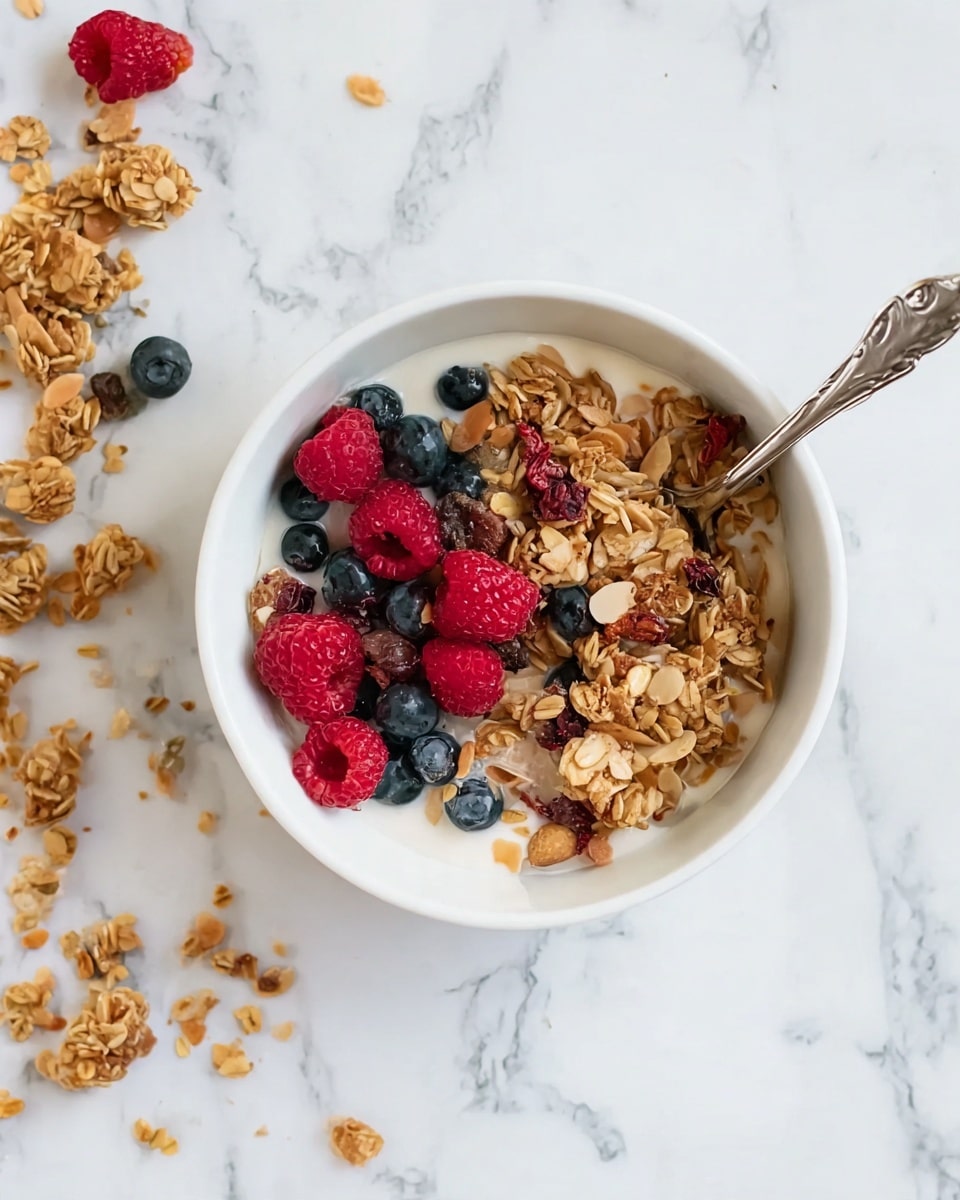 A white bowl sits on a white marbled surface, filled with three main layers. The bottom layer is a creamy milk base that surrounds the middle layer of golden brown granola mixed with nuts and small pieces of dried fruit. The top layer has bright red raspberries and dark blue blueberries, adding fresh color and texture. A silver spoon rests inside the bowl with its handle leaning out to the side. Scattered granola pieces are spread around the bowl on the white marbled surface. Photo taken with an iphone --ar 4:5 --v 7