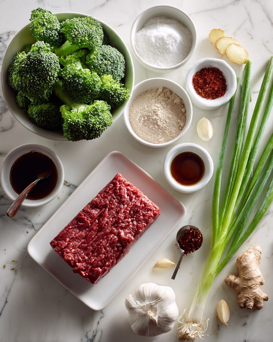 The image shows a top-down view of various ingredients neatly arranged on a white marbled surface. At the center, there is a white plate holding a rectangular block of raw ground beef in a deep red color with a slightly uneven texture. To the left, a white bowl is filled with fresh green broccoli florets, dense and textured. Around these main items, smaller white bowls contain different powders and sauces: one with white cornstarch, one with a dark brown oyster sauce, one with shiny soy sauce, and one with light brown sugar grains. A bundle of fresh green onions with long green stalks and white bulbs lies to the right. Small curved cloves of garlic and a piece of pale ginger root are placed near the top left. There are also small bowls of red pepper flakes and rice wine, and a tiny spoon holding dark brown toasted sesame seed oil near the green onions. The scene appears bright with natural light. The photo taken with an iphone --ar 4:5 --v 7