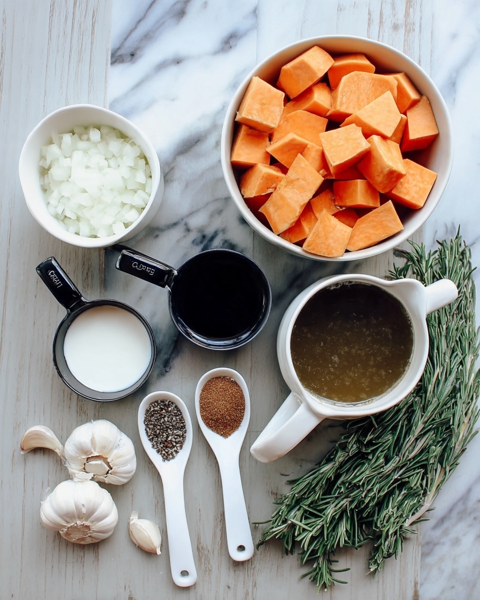 Several cooking ingredients are displayed on a white marbled surface. On the top, there is a white bowl filled with orange chunks of sweet potato and a white bowl with a dark greenish-brown broth next to it. Below them, from left to right, are three small black measuring cups: one with white chopped onions, one with white cream, and one with a dark liquid. In front of these are three white ceramic spoons holding brown spice, black pepper, and white salt, lined up horizontally. Toward the bottom, there are five peeled garlic cloves and a fresh green sprig of rosemary on the right. The photo is taken with an iphone --ar 4:5 --v 7
