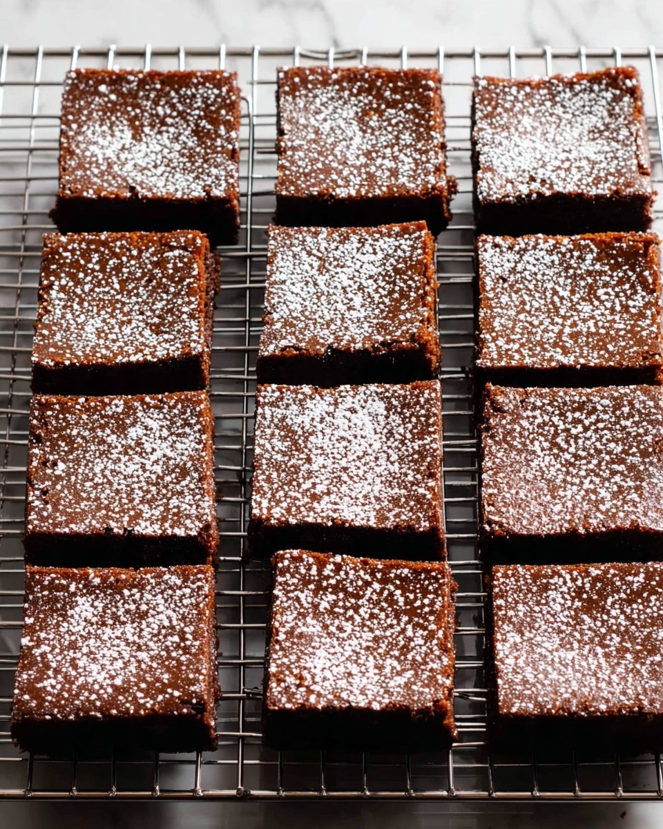 Twelve square brownies are arranged in a grid of 3 rows and 4 columns on a metal cooling rack. Each brownie is a rich dark brown with a slightly cracked top texture. The tops are lightly dusted with white powdered sugar, giving a soft contrast to the dark chocolate surface. The cooling rack is placed on a white marbled surface, adding a clean and bright background to the image. The brownies appear moist and dense, with straight, even edges. photo taken with an iphone --ar 4:5 --v 7