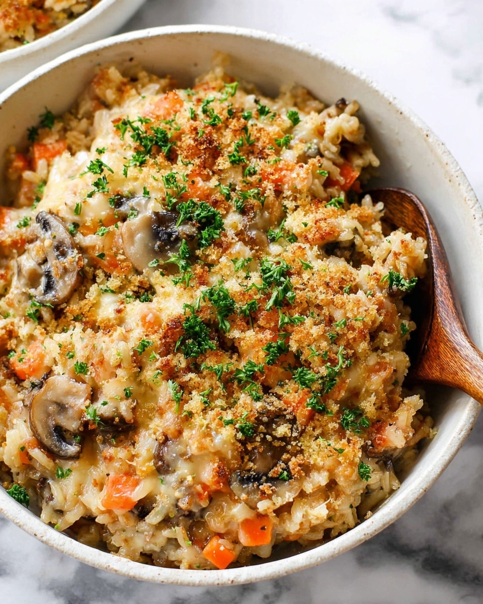 A close-up view of a creamy rice dish served in a white bowl, showing about two main layers of ingredients. The bottom layer is a mix of soft mushrooms, small cubed orange carrots, and light brown rice grains mixed well with melted cheese, creating a creamy texture. On top, there is a sprinkling of golden brown breadcrumbs and fresh chopped green parsley that adds color and texture contrast. A wooden spoon rests inside the bowl on the right side. The bowl is placed on a white marbled surface. Photo taken with an iphone --ar 4:5 --v 7