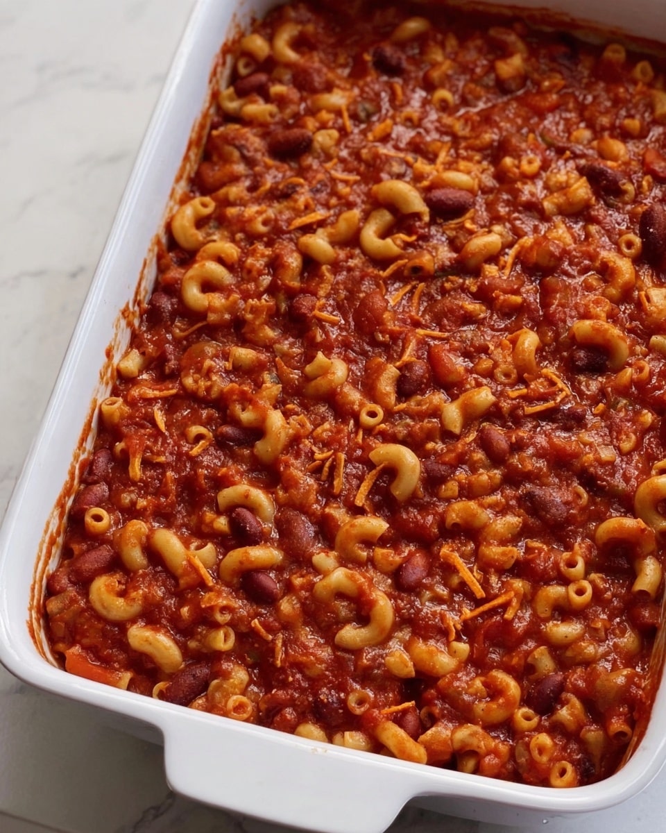 A white rectangular ceramic baking dish filled with a single layer of elbow macaroni pasta mixed evenly with a rich, thick red tomato sauce that contains visible chunks of beans and small pieces of shredded orange cheese scattered throughout. The sauce has a slightly chunky texture with bits of tomato and beans visible among the pasta. The dish is placed on a white marbled surface. Photo taken with an iphone --ar 4:5 --v 7