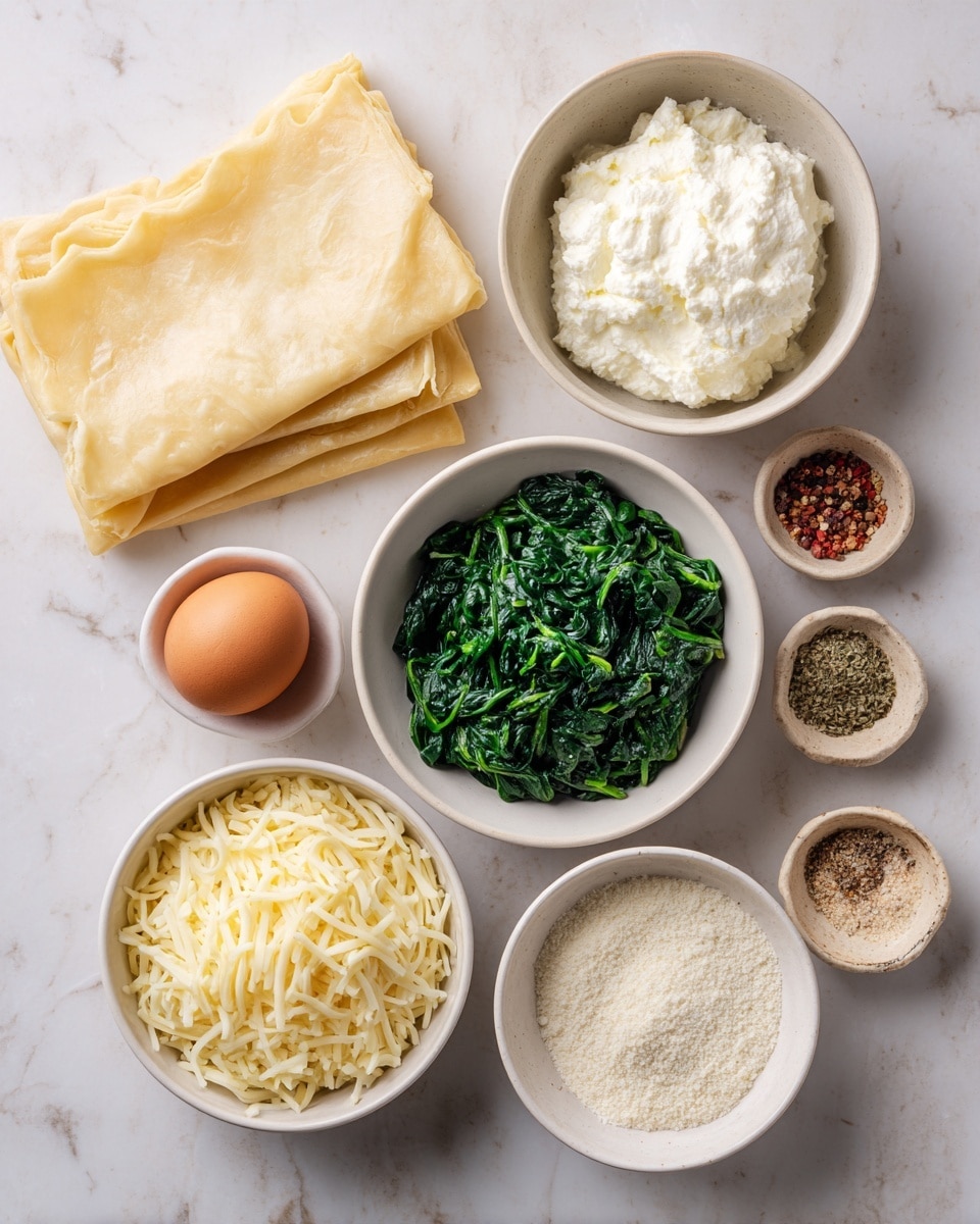The image shows six small white bowls and a folded sheet of pale yellow puff pastry on a white marbled surface. The top bowl contains a soft, white ricotta cheese with a smooth texture. To its right, a bowl holds off-white shredded mozzarella cheese with a stringy look. Below these, there's a bowl of finely chopped dark green spinach. To the left, a bowl with finely grated pale yellow parmesan cheese is shown. Next to the spinach bowl, there is one brown egg and a small bowl with mixed white and red spices labeled salt and pepper. A fourth small bowl with light beige and brown powdered spices is also present. The puff pastry sheet lies flat on the left side, a pale light yellow color with a soft texture. photo taken with an iphone --ar 4:5 --v 7