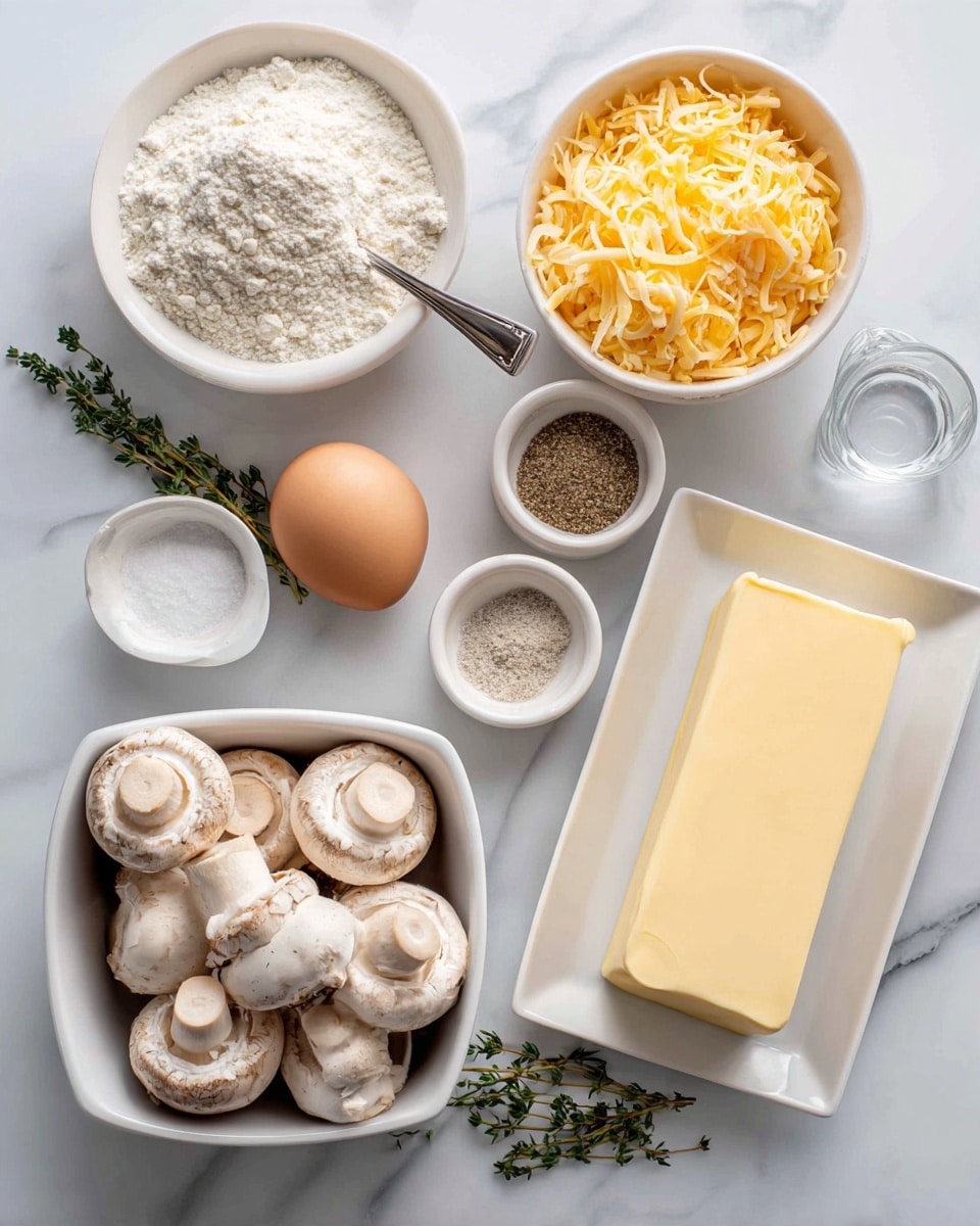 The image shows an arrangement of cooking ingredients on a white marbled surface. There is one container with fresh white mushrooms placed in the center bottom, a round white bowl to the right filled with white flour and a spoon inside it, and a rectangular white plate with a thick stick of yellow butter below. To the left, a white square plate holds a single brown egg and green thyme sprigs. Above the mushrooms, a round white bowl is filled with shredded orange cheese. Three small white bowls hold different ingredients: one with light brown and white seasonings above the mushrooms, one with white salt to the right of the butter, and one with clear water above the salt. Lastly, a white rectangular box of heavy cream is partially visible at the bottom left. Photo taken with an iphone --ar 4:5 --v 7