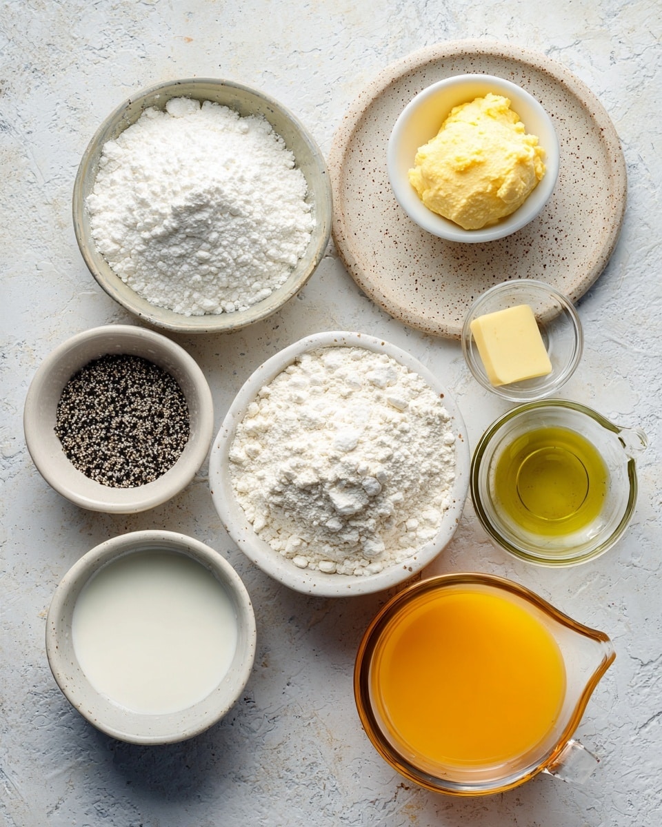 A variety of cooking ingredients are placed on a white marbled surface. There is a round bowl with white flour in the center, with a small piece of yellow butter beside it. To the left, a round bowl holds white cornstarch, and above that, a bowl with a mix of black and white spices on a cream-colored speckled plate. Above the flour bowl, a small white bowl contains a yellow paste labeled chicken bouillon. To the right of flour, a bowl filled with white milk. Below the milk is a small clear bowl filled with green olive oil. The largest container on the right is a clear measuring cup filled with orange chicken broth. All items are neatly arranged with clear labels on top. Photo taken with an iphone --ar 4:5 --v 7