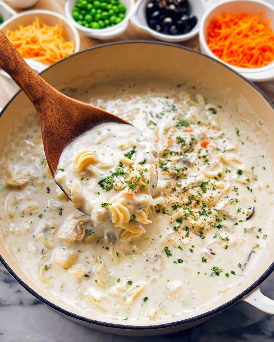 A large white pot filled with creamy white soup that has small pieces of pasta and is sprinkled with green herbs on top. A wooden spoon is lifting some soup, showing thick, smooth texture with visible pasta pieces and herbs. Around the pot, there are small white bowls with colorful toppings including green peas, black olives, shredded orange carrots, and other ingredients. The setting is on a white marbled surface. Photo taken with an iphone --ar 4:5 --v 7