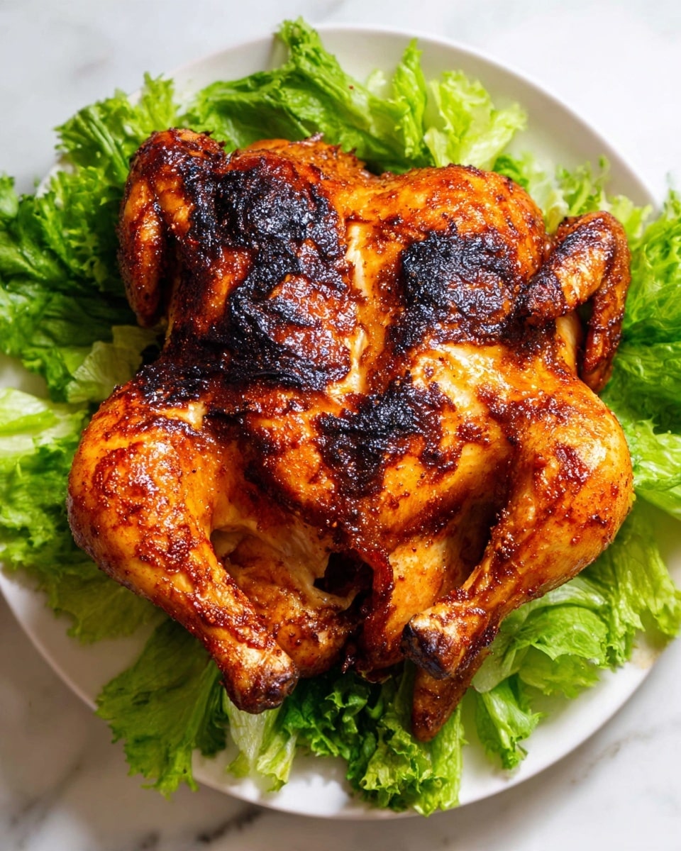 A whole roasted chicken with crispy, dark orange-brown skin is placed in the center of a white plate. The chicken is spread flat with legs and wings extended, showing a well-charred, slightly blackened texture on top. Underneath and around the chicken, fresh green lettuce leaves add a bright contrast, creating a green border on the white marbled surface. The skin looks shiny and seasoned with a mix of lighter and darker roasted spots. photo taken with an iphone --ar 4:5 --v 7