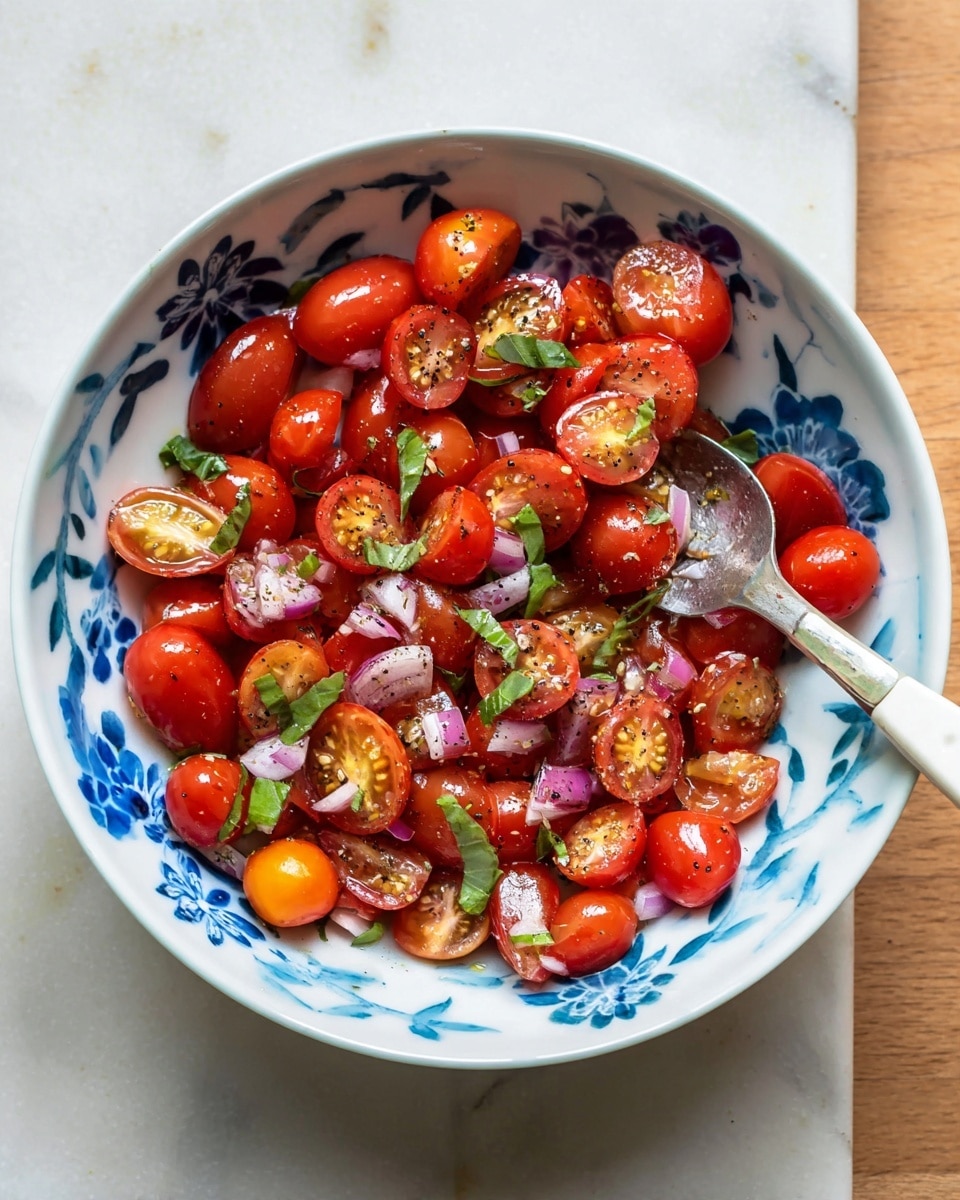 A white bowl with blue floral patterns holds a fresh tomato salad consisting of many halved red cherry tomatoes mixed with small pieces of diced purple onion and bright green basil leaves. A silver spoon with a white handle rests inside the bowl among the colorful salad, and the bowl sits on a white marbled surface. The tomatoes look shiny and juicy, sprinkled lightly with black pepper. photo taken with an iphone --ar 4:5 --v 7