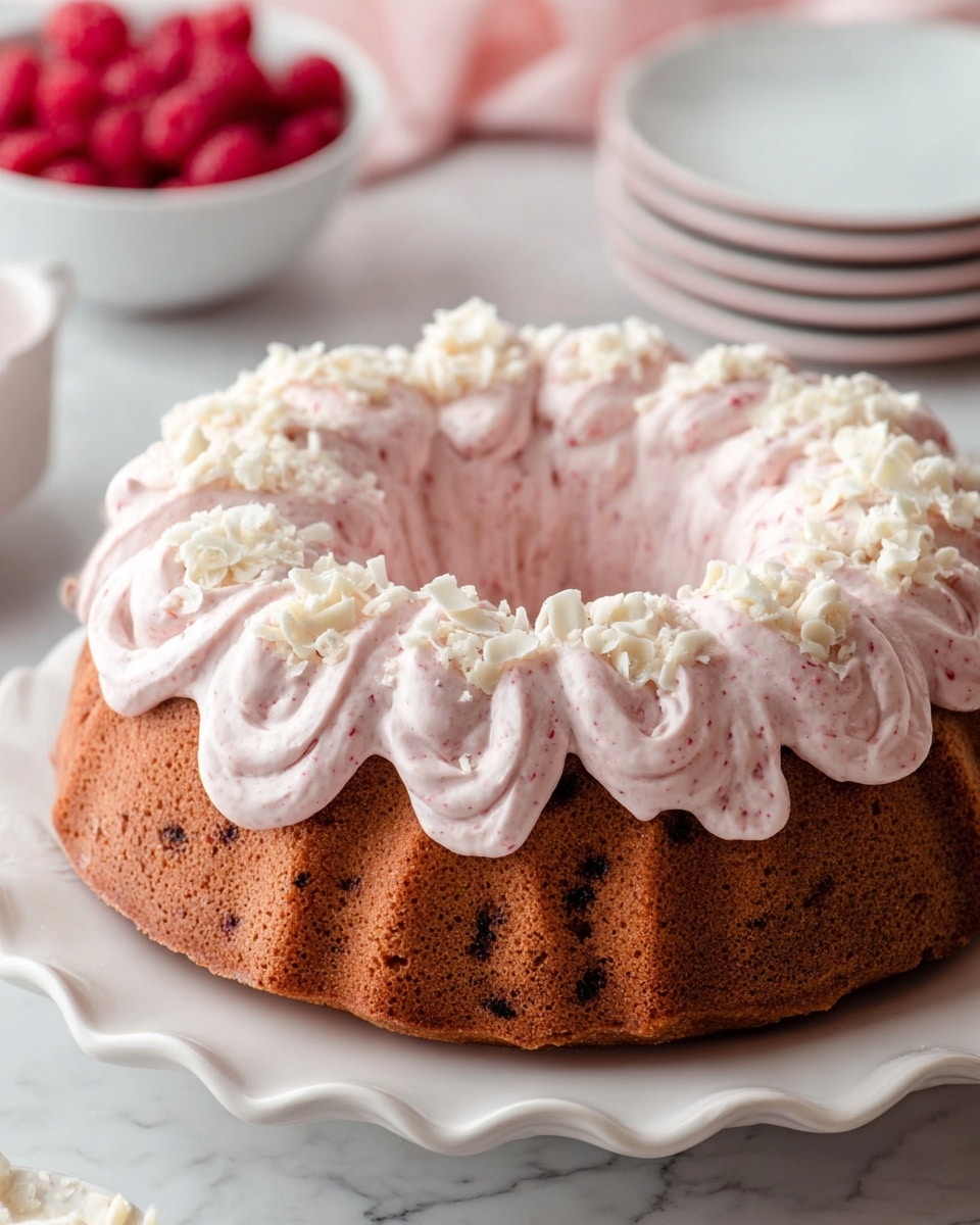 A bundt cake with one thick layer of light brown cake dotted with dark spots sits in the center of a white scalloped plate. On top, there is one thick ring of light pink frosting with small specks of red, piped in large, raised loops that cover the whole top of the cake. White chocolate shavings are scattered all over the frosting, adding texture and contrast. In the blurred background, a white bowl with fresh red raspberries is visible along with stacked white plates, all set on a white marbled surface. Photo taken with an iphone --ar 4:5 --v 7