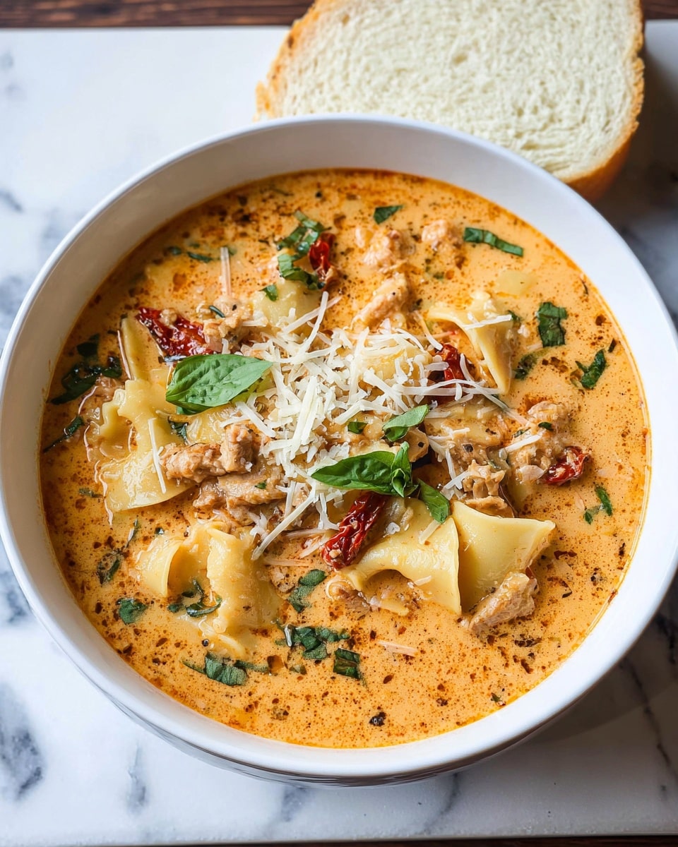 A white bowl filled with creamy orange soup has wide, flat pasta pieces and small bits of cooked meat mixed inside. The soup is topped with shredded white cheese and small green basil pieces scattered on the surface. There are also some red sun-dried tomato pieces visible in the soup. Next to the bowl lies a thick slice of white bread with a soft texture. The bowl and bread are set on a white marbled surface. photo taken with an iphone --ar 4:5 --v 7