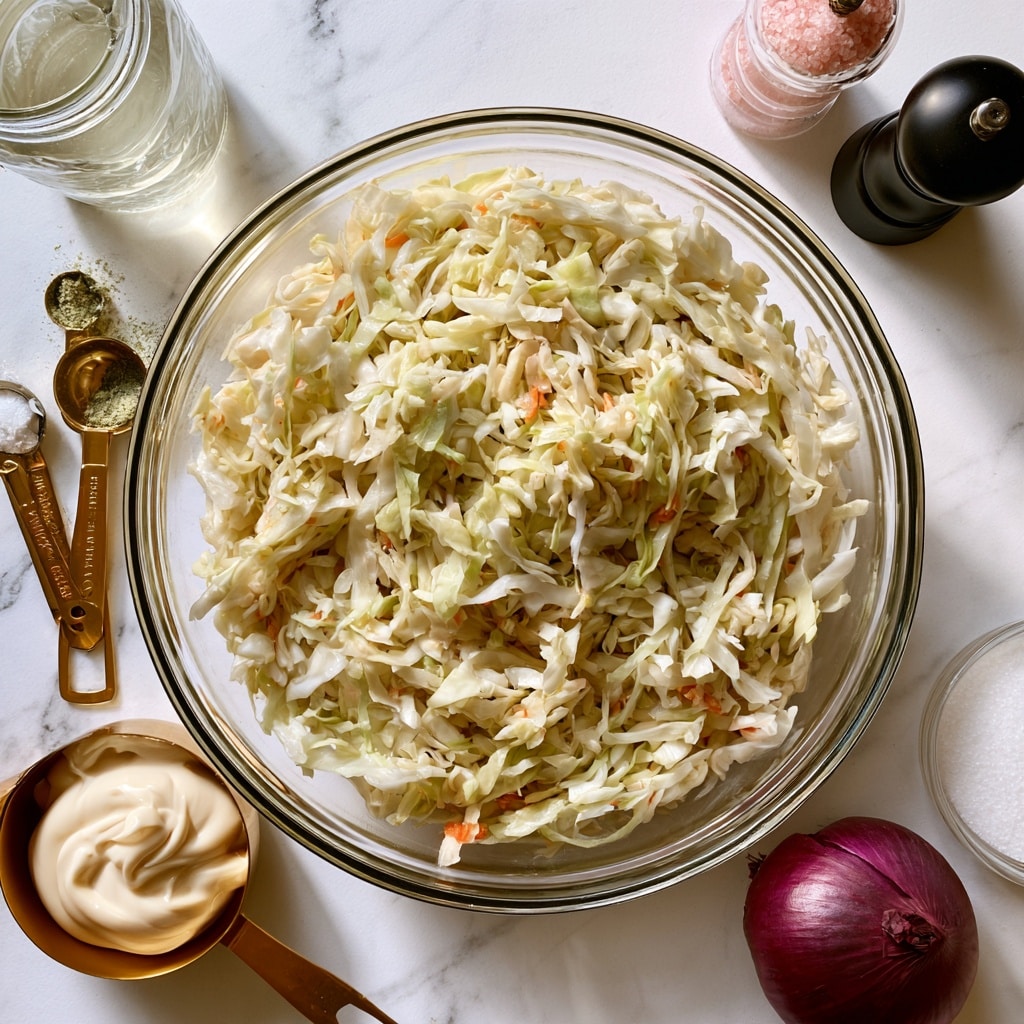 A clear glass bowl filled with shredded cabbage that shows white, pale green, and small bits of orange carrots mixed in. Around the bowl on a white marbled surface are various ingredients for the recipe: a glass jar with white vinegar, two small gold measuring spoons with celery salt and pickle relish, a gold measuring cup with creamy white mayo, a small glass bowl with white sweetener, a pink salt grinder, and a black pepper grinder. There is also a whole red onion. The items are neatly arranged and labeled with clear black text. Photo taken with an iphone --ar 4:5 --v 7