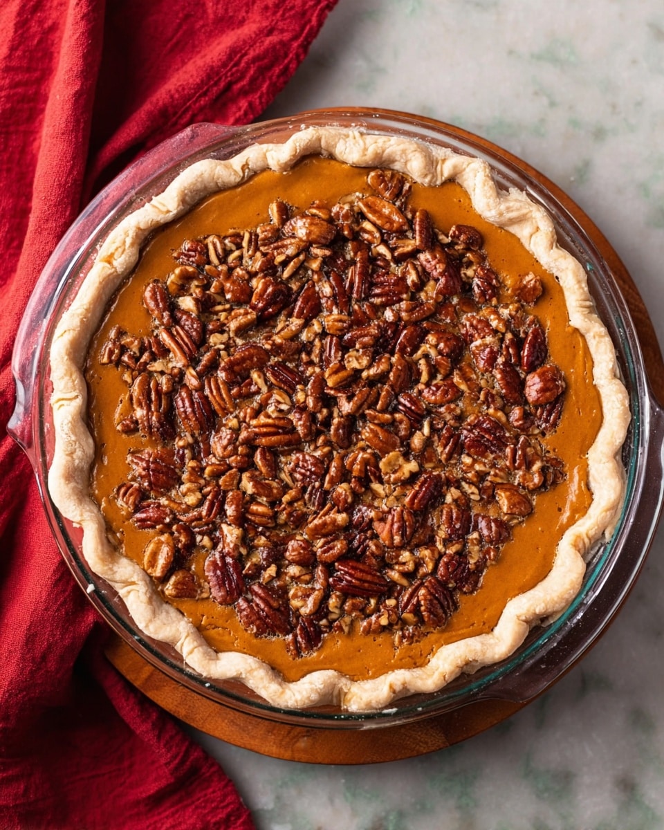 A slice of pumpkin pie sits on a white plate with scalloped edges over a folded rust-colored cloth napkin. The pie has three layers: the bottom layer is a thin, light tan crust; the middle layer is a thick, smooth, orange pumpkin filling; the top layer is a crunchy, uneven layer of brown pecans mixed with a crumbly topping. A dollop of white whipped cream with a light dusting of cinnamon rests on the top edge of the slice. In the background, a whole pumpkin pie in a clear glass dish sits on a round wooden board, and another pie slice on a white plate is slightly out of focus. The surface beneath everything is a white marbled texture. photo taken with an iphone --ar 4:5 --v 7