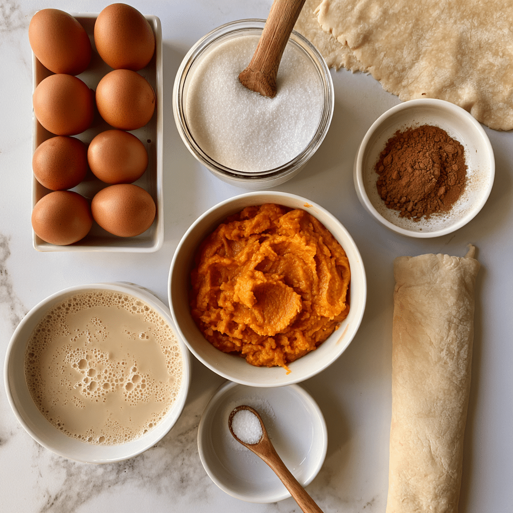 A top view of several baking ingredients arranged on a white marbled surface: a rectangular white tray holding six brown eggs, a round white bowl filled with bright orange pumpkin puree, a round white bowl of beige evaporated milk with bubbles on top, a round glass jar filled with white sugar and a wooden spoon inside, a round white small dish of pumpkin pie spice powder, and a round white small dish of salt with a wooden spoon. A rolled light beige pie crust is also visible. Each ingredient is labeled with black text. Photo taken with an iphone --ar 4:5 --v 7