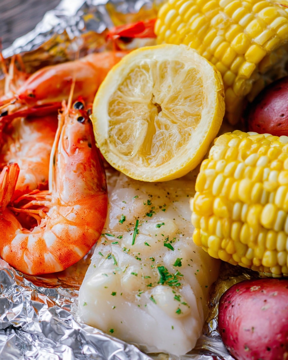 The image shows a close-up of a meal with four main layers: at the bottom, a piece of white fish with a soft texture, sprinkled with small green herb bits; to the left, two bright red-orange cooked shrimp with shiny and slightly rough shells, one shrimp resting near the fish; above the fish, two bright yellow lemon slices with visible juicy segments and textured rind; at the bottom right, a small ear of pale yellow corn with well-defined kernels, alongside a few red potato halves with smooth skin. All the food rests on a crinkled foil surface with reflective silver texture. Photo taken with an iphone --ar 4:5 --v 7
