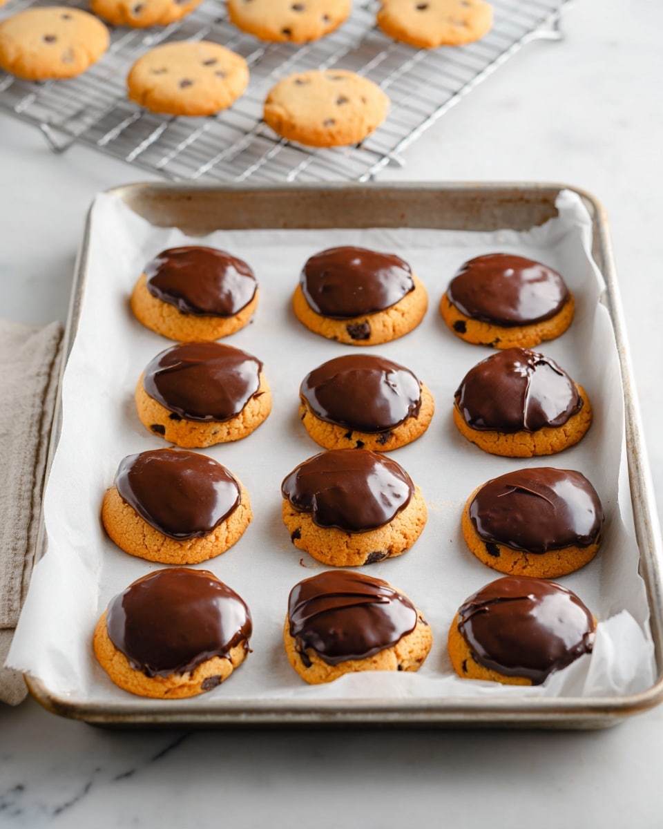 The image shows a metal baking tray lined with white parchment paper holding 12 round cookies arranged in three rows of four. Each cookie has two layers: a golden-brown base with visible small dark chocolate chips and a shiny, smooth dark chocolate layer covering the top. In the background, a cooling rack on a white marbled surface holds several plain cookies without chocolate topping. The scene is bright and clean with a light, neutral tone. Photo taken with an iphone --ar 4:5 --v 7
