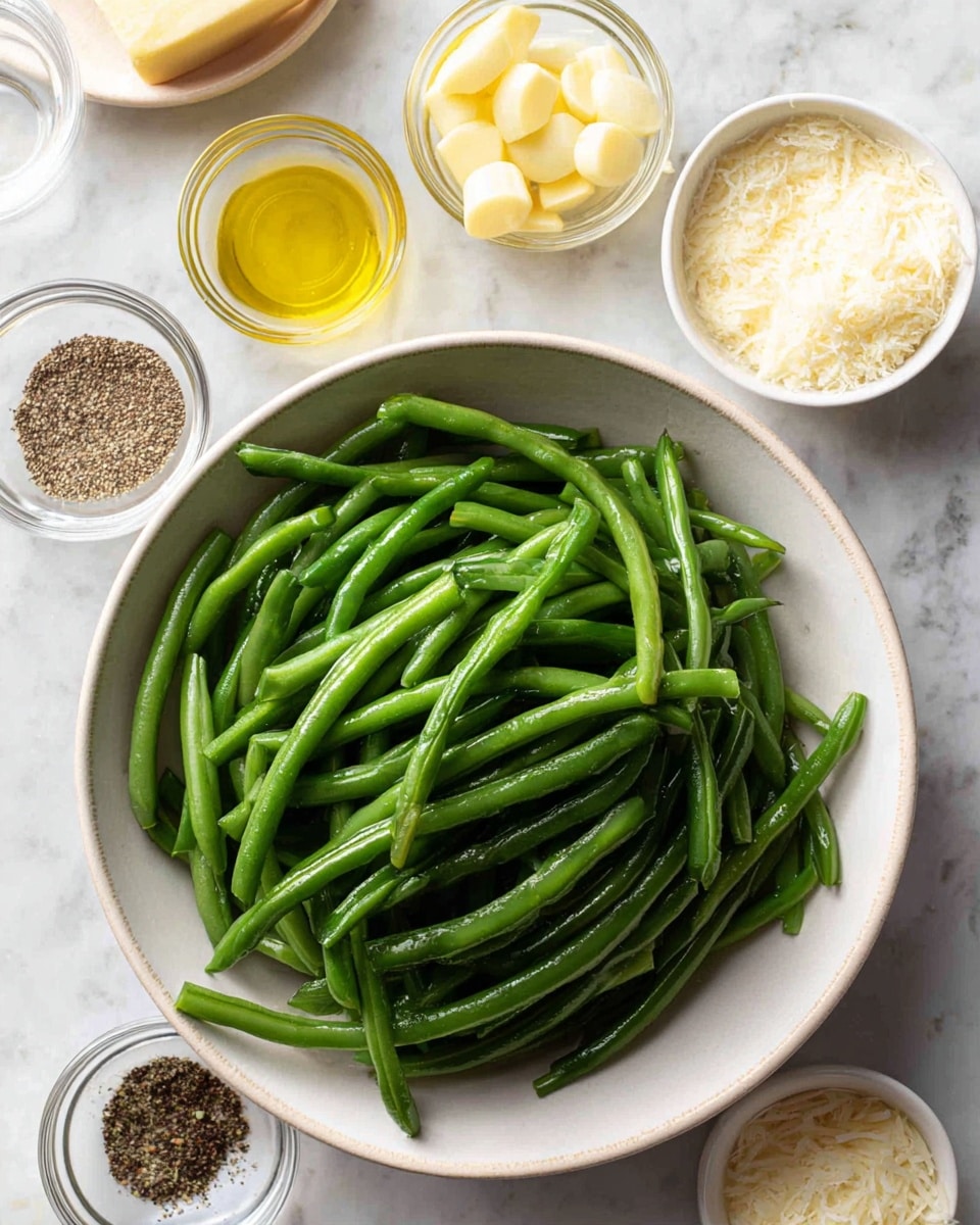 A white bowl filled with bright green fresh green beans, long and smooth, piled loosely inside. Around the bowl on a white marbled surface, there are small clear glass bowls with light yellow olive oil, grated pale yellow cheese, light yellow butter slices, light beige garlic cloves, pale yellow lemon zest, a light frothy liquid, and a small white bowl of black pepper and coarse salt, all arranged neatly. Photo taken with an iphone --ar 4:5 --v 7