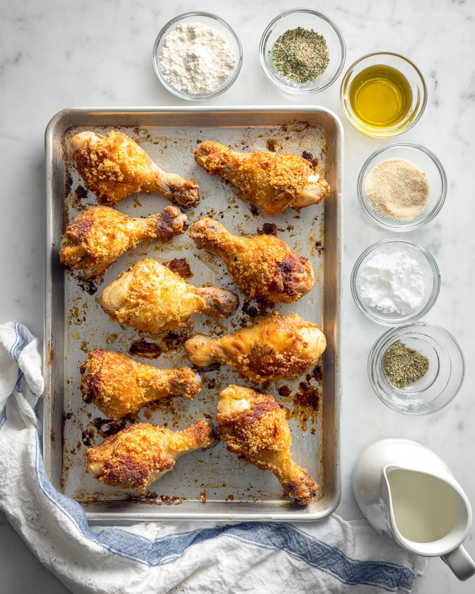 This image shows a metal baking sheet with nine pieces of golden brown, crispy baked chicken drumsticks, spaced unevenly and showing a mix of light and darker toasted breading. The baking sheet has oily spots and browned bits from cooking, adding texture to the surface. Surrounding the sheet are several small clear glass bowls filled with white flour, light brown seasoning, coarse white salt, black pepper, green dried herbs, and light bread crumbs. There is also a white pitcher filled with milk on the right, a small glass of cooking oil on the left, and a white cloth with blue stripes casually placed near the bottom edge. The whole setup is on a white marbled surface. Photo taken with an iphone --ar 4:5 --v 7