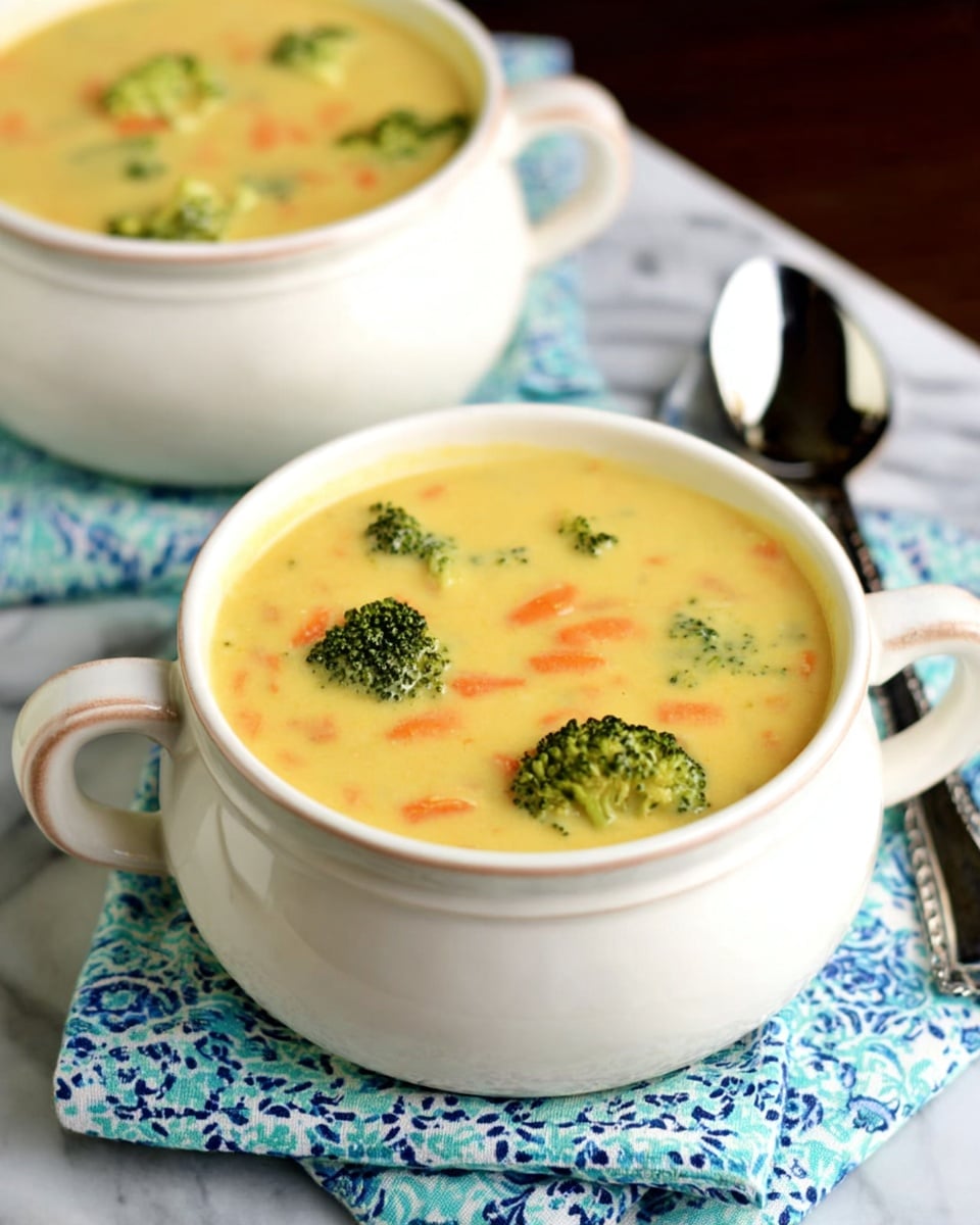 A creamy yellow soup with pieces of bright green broccoli florets and small thin slices of orange carrot floating inside fills a white bowl with two handles, sitting on a white marbled surface atop a blue and white patterned cloth, with a spoon nearby, and a second similar bowl slightly blurred in the background. Photo taken with an iphone --ar 4:5 --v 7