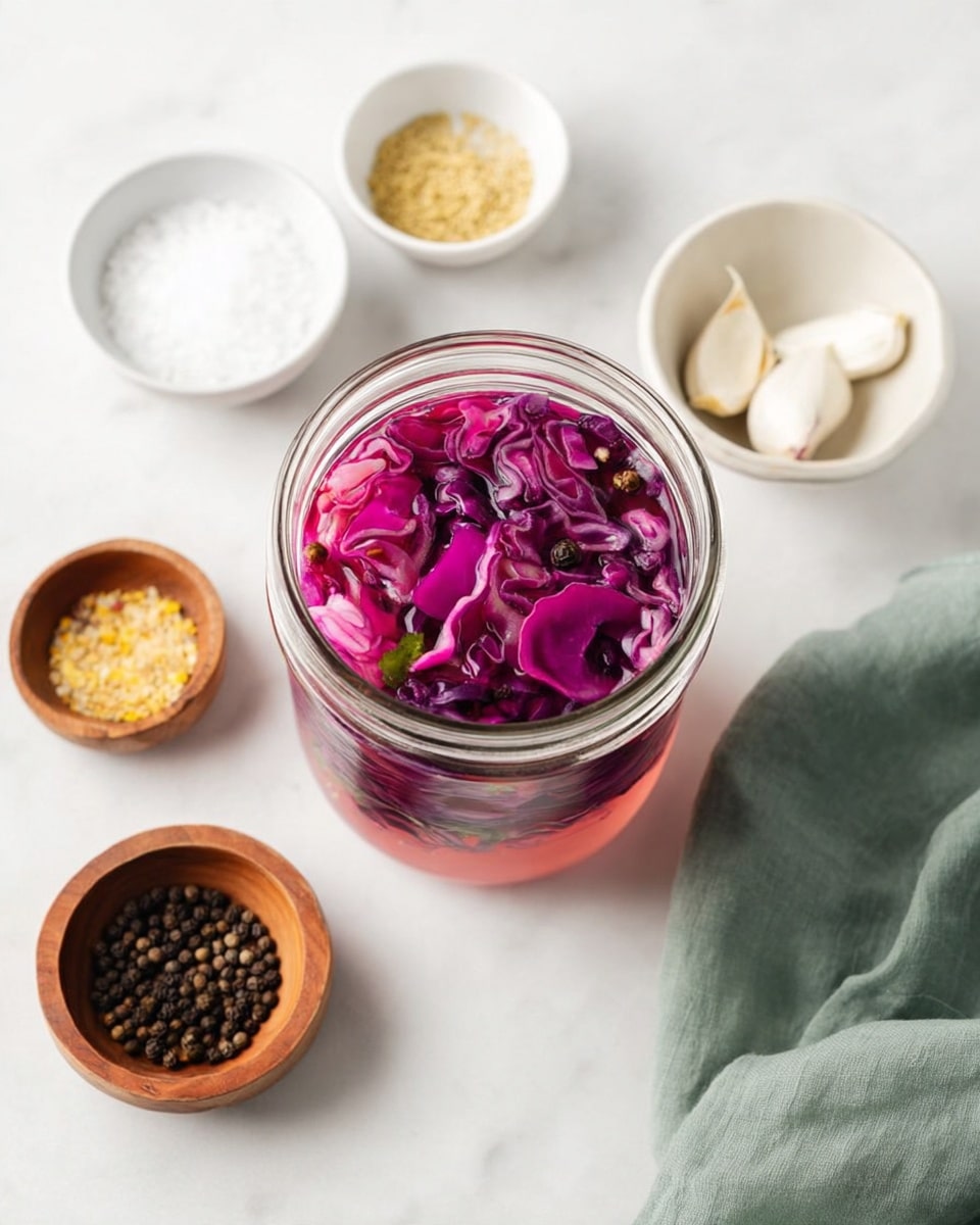 A clear glass jar filled with vibrant layers of bright purple-red cabbage slices mixed with small black peppercorns and light green pieces, all soaked in a pinkish liquid. Around the jar are small white bowls and wooden bowls holding white salt crystals, yellow mustard seeds, black peppercorns, and whole garlic cloves, arranged on a white marbled surface. A soft green cloth is partially shown to the lower right of the jar. photo taken with an iphone --ar 4:5 --v 7