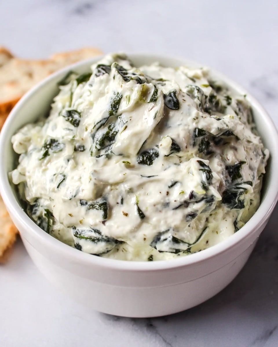 A small bowl filled with creamy white spinach dip that has visible dark green spinach pieces mixed throughout. The dip looks thick and slightly textured with small chunks, heaped above the rim of the bowl. The bowl is white and sits on a white marbled surface with some light reflections on the dip’s surface. Photo taken with an iphone --ar 4:5 --v 7