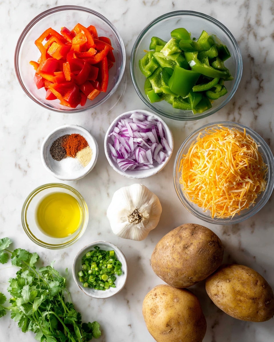 The image shows an overhead view of ingredients on a white marbled surface, arranged neatly in bowls and loose. At the top right, a clear bowl holds three groups of chopped vegetables: bright green bell peppers, red bell peppers, and purple onions. Below it to the right, another clear bowl contains two types of shredded cheese, one orange and one white. At the center left, a white bowl displays five small piles of spices in red, black, white, and light yellow colors, arranged in a circle. Below and slightly left there is a small clear bowl with small chopped green peppers. On the bottom center, two large whole potatoes rest side by side, just above a garlic bulb with white layers peeling off slightly. To the bottom left, a small clear bowl filled with yellow olive oil completes the scene. A few sprigs of fresh green cilantro are placed on the left edge of the image. Photo taken with an iphone --ar 4:5 --v 7