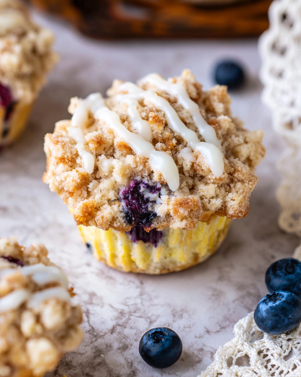The image shows a close-up of a single blueberry crumble muffin with two main layers: a light yellow base that looks soft and moist, and a crumbly golden brown topping with small pieces and a rough texture. There are spotted dark purple blueberries peeking from under the topping, adding color contrast. Thin white icing is drizzled unevenly over the crumbly top in a zigzag pattern. The muffin sits on a white marbled surface with some blueberries and a white lace fabric nearby, all adding to the rustic and cozy look of the scene. photo taken with an iphone --ar 4:5 --v 7