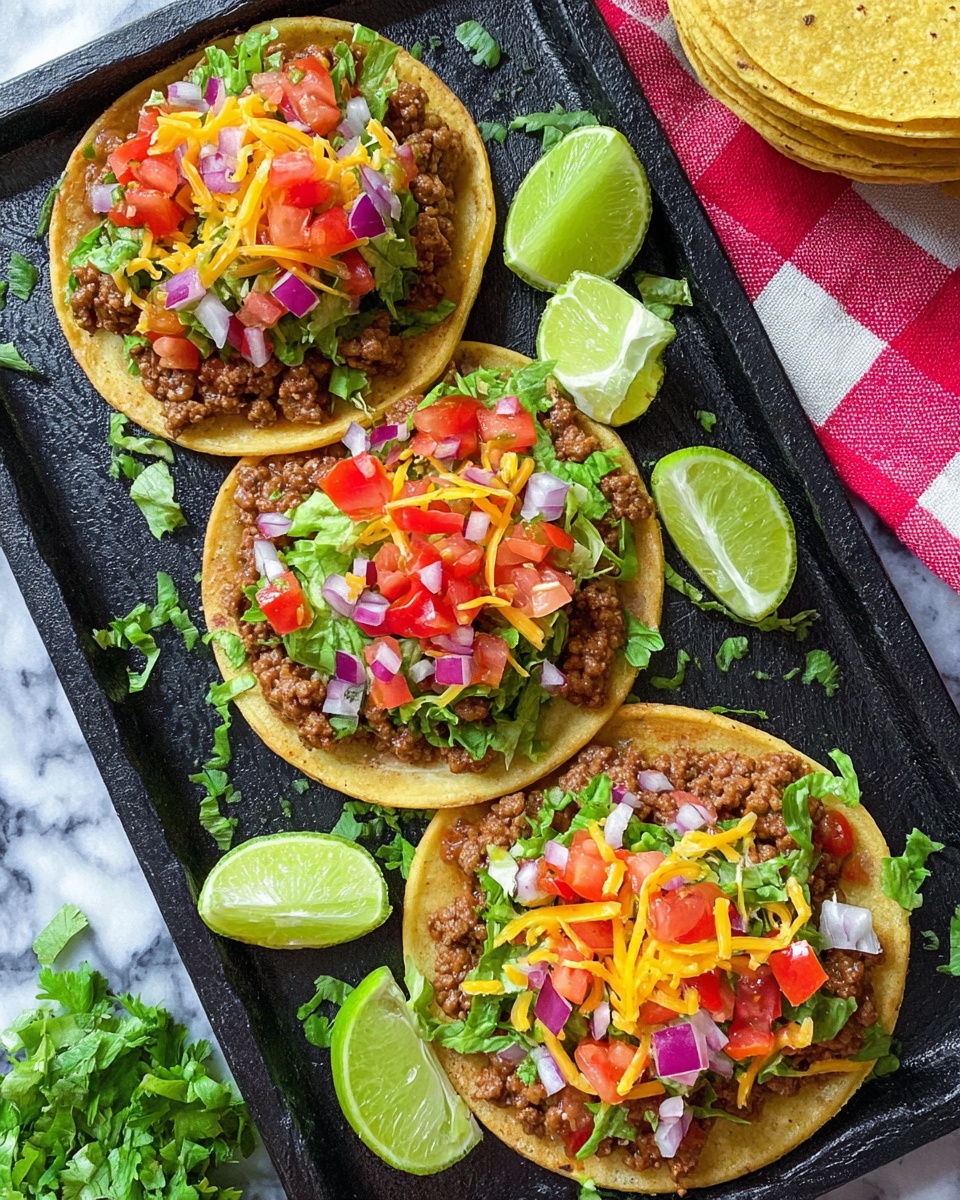 The image shows three taco tostadas arranged in a black serving tray on a white marbled surface. Each tostada has one layer of a round, crispy tortilla base, topped with a thick layer of cooked ground meat. On top of the meat is a fresh layer of chopped red tomatoes, red onions, and green lettuce. Finally, they are sprinkled with a layer of bright orange shredded cheese. Around the tray are wedges of fresh lime, and to the right, a stack of plain yellow tortillas rests on a red and white checkered napkin. photo taken with an iphone --ar 4:5 --v 7
