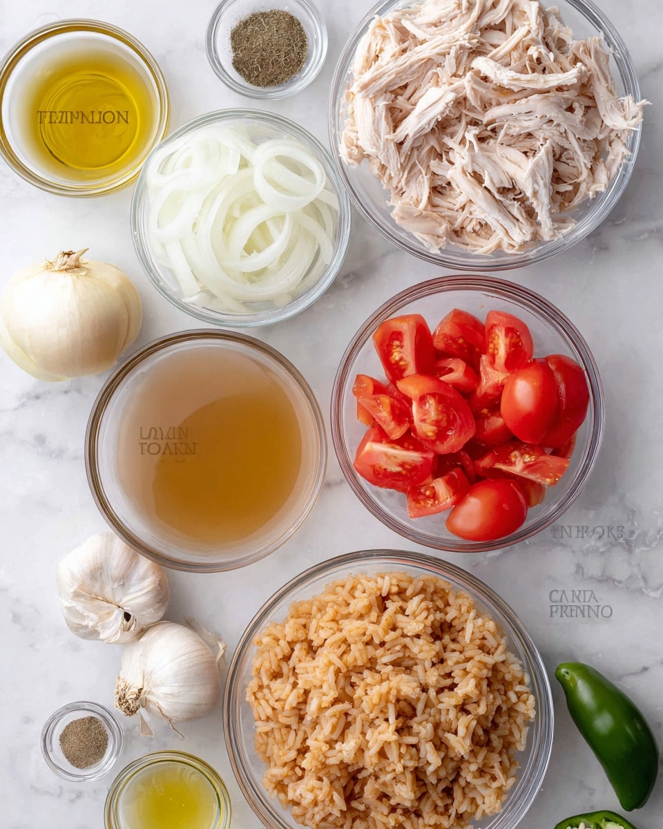The image shows several clear glass bowls and fresh ingredients arranged on a white marbled surface. In the top right bowl, there is shredded cooked chicken with a pale pink and beige color. Below it, a bowl contains thin white onion slices. To the left, a bowl holds light golden chicken broth. At the bottom right, a bowl is filled with cooked Spanish rice, golden brown and fluffy in texture. Fresh red Roma tomatoes are placed next to the onion bowl, some whole and some diced. Near the bottom left, there are whole garlic bulbs with white and light purple skin and small scoops of ground cumin and olive oil in tiny glass containers. Green sliced jalapeno peppers are partially visible on the bottom left. The whole setup is clean and brightly lit. Photo taken with an iphone --ar 4:5 --v 7