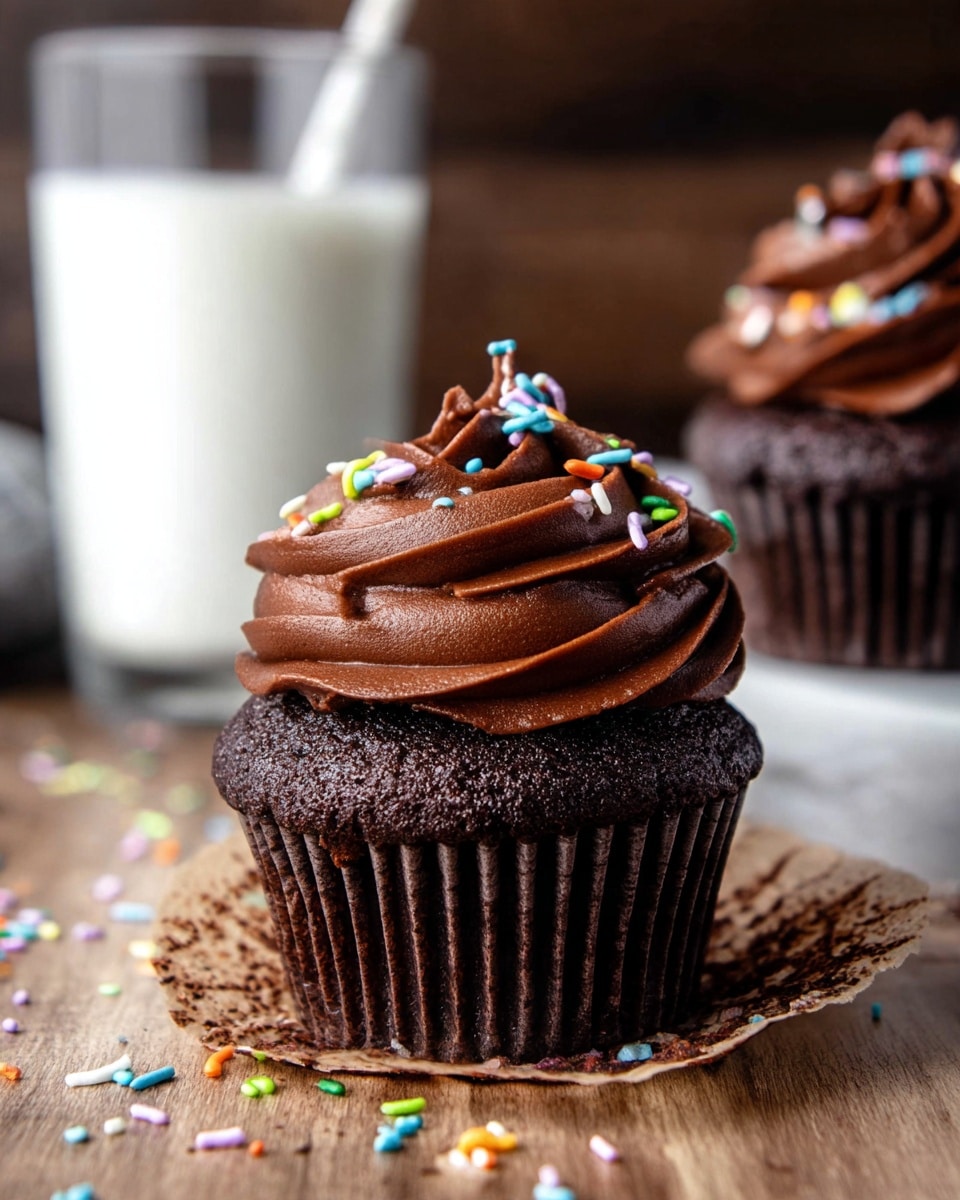A close-up view of a chocolate cupcake with two main layers: the top layer is dark, moist chocolate cake with a soft texture, and the bottom layer is thick, swirled chocolate frosting decorated with small, round, colorful sprinkles in red, yellow, white, purple, blue, and orange. The cupcake is placed on a brown wooden surface with some sprinkles scattered around, and a glass of milk is partially visible in the background on a white marbled texture. photo taken with an iphone --ar 4:5 --v 7