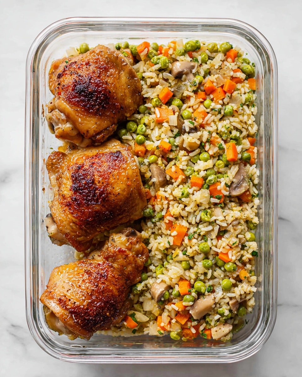 A clear rectangular glass dish is shown from above, divided into two main sections: on the right side, there is a colorful mix of cooked rice with peas, diced orange carrots, small bits of celery, mushrooms, and tiny pieces of onion, creating a textured, speckled look of green, orange, white, and light brown; on the left side, there are four browned, crispy cooked chicken thighs with a golden and dark brown crust, placed close together. The dish sits on a white marbled surface. photo taken with an iphone --ar 4:5 --v 7