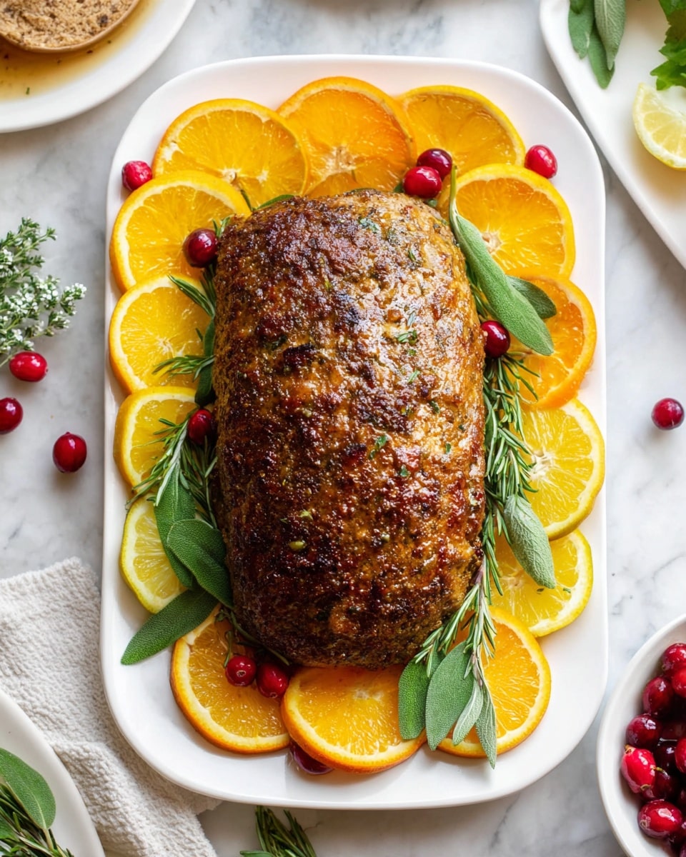A roasted, golden-brown meatloaf sits at the center of a white rectangular plate, showing a textured and seasoned surface. It is surrounded by alternating slices of bright orange and pale yellow citrus fruits in a single layer, arranged edge to edge around the meatloaf. Fresh green rosemary sprigs and sage leaves fill the spaces between the citrus slices, adding a fresh, leafy texture. Scattered around the edges and on top of the citrus are smooth, shiny red cranberries, adding pops of color. The plate is placed on a white marbled surface, with parts of other dishes lightly visible around the edges. photo taken with an iphone --ar 4:5 --v 7