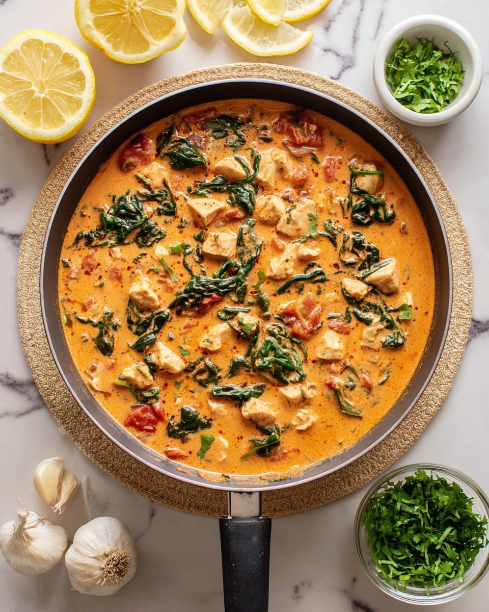 A pan filled with a creamy orange sauce containing small pieces of chicken and wilted green spinach leaves mixed throughout. There are bits of red tomato visible in the sauce, and the dish is garnished with more chopped fresh green spinach on top. The pan has a black handle and sits on a beige round mat over a white marbled surface. Around the pan are lemon wedges, whole garlic bulbs, and a small white bowl with more chopped green spinach. Photo taken with an iphone --ar 4:5 --v 7