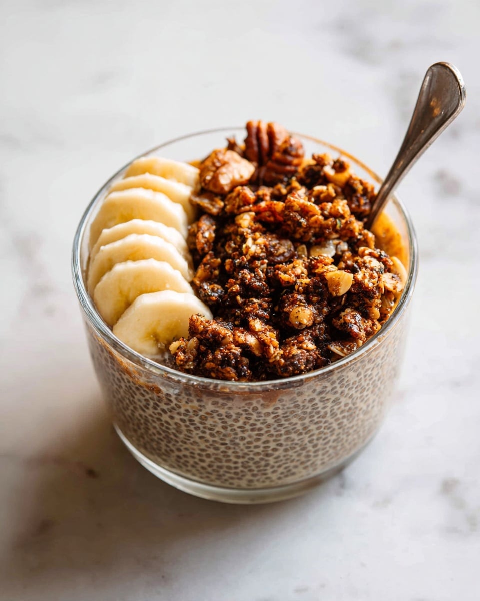 A clear glass cup holds three main layers: at the bottom is a light brown chia pudding with visible seeds, the middle layer is covered with a neat row of thin, pale yellow banana slices on the left side, and the right side is topped with a heap of chunky, dark brown granola pieces mixed with nuts. A metal spoon rests inside the cup, partly buried in the granola. The cup is placed on a white marbled surface, with soft natural lighting enhancing the textures. photo taken with an iphone --ar 4:5 --v 7