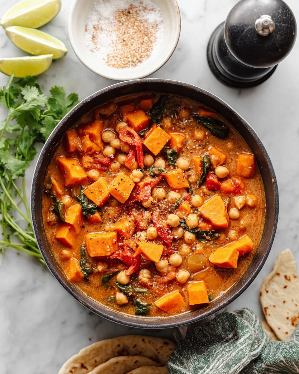A black cast iron pot filled with a chunky stew showing several layers of colorful ingredients, including light orange sweet potato chunks, yellow bell pepper pieces, beige chickpeas, red tomatoes, and dark green spinach leaves, all mixed in a thick orange broth with visible herbs. The pot sits on a white marbled surface with lime wedges on the left, some fresh green cilantro leaves, a large black pepper grinder, and a white bowl with salt on the right. A folded grey and green striped cloth napkin and pieces of flatbread are placed partially visible at the bottom of the image. photo taken with an iphone --ar 4:5 --v 7