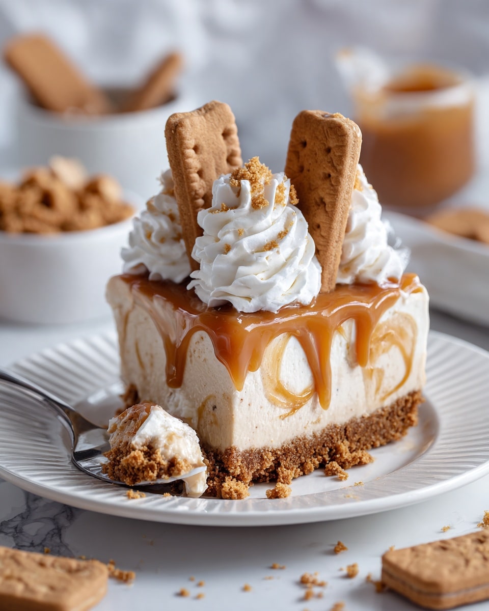 A dessert slice sits on a white fluted plate placed on a white marbled surface. The dessert has three layers: a crumbly brown cookie base, a thick creamy light beige middle layer with swirls of caramel, and a smooth light brown caramel topping with slight drips down the sides. On top, there are two swirls of white whipped cream, each holding half of a rectangular cookie standing upright, with some cookie crumbs sprinkled over the cream. A silver fork resting on the plate holds a piece of the creamy middle layer with some cookie crust and caramel drizzles. Around the plate are scattered crumbs and whole rectangular cookies, with bowls of cookie crumbs and caramel spread blurred in the background. Photo taken with an iphone --ar 4:5 --v 7