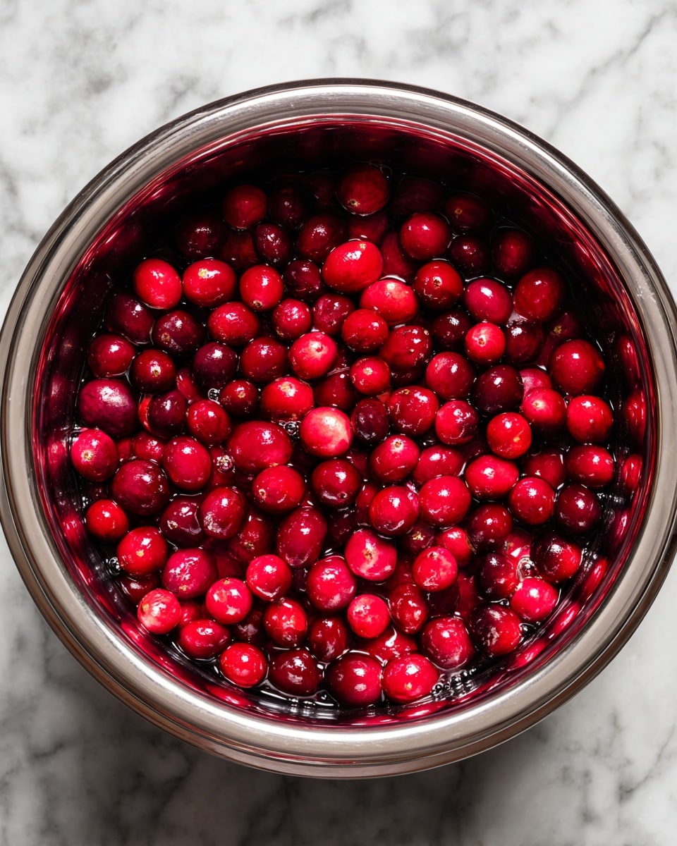 The image shows a slow cooker filled with bright red cranberries that appear fresh and shiny. The cranberries cover the entire visible surface inside the stainless steel inner pot, with some small bubbles of liquid around them, suggesting they are being cooked or softened. The stainless steel edge of the pot is smooth and reflective, contrasting with the rich red of the berries. The background is a white marbled surface. photo taken with an iphone --ar 4:5 --v 7