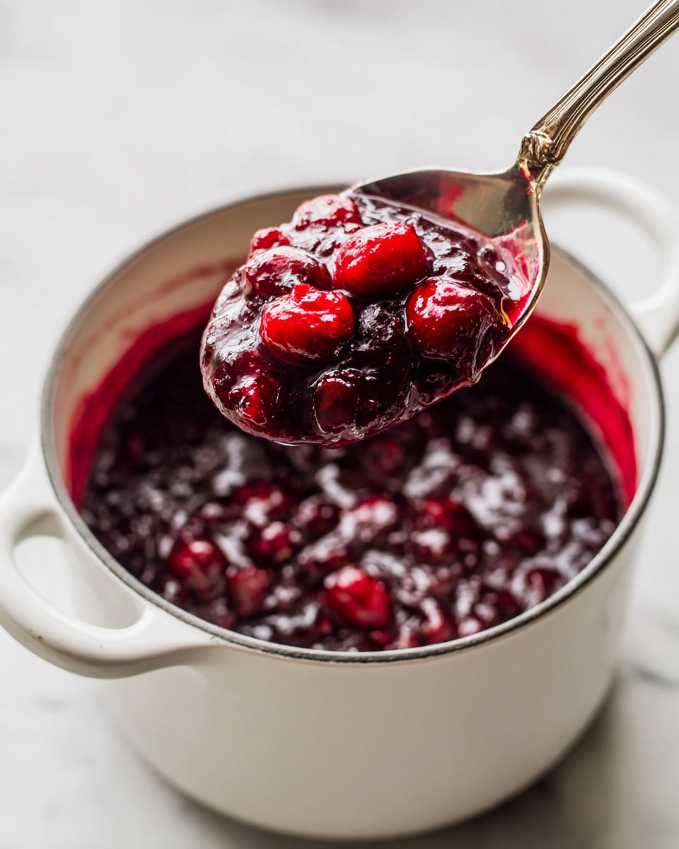 A white pot filled with deep red cranberry sauce that is thick and chunky with visible whole and smashed cranberries. A silver spoon is lifting a scoop of the sauce, showing its glossy texture and rich, dark red color. The pot sits on a white marbled surface, giving a clean and bright background. photo taken with an iphone --ar 4:5 --v 7