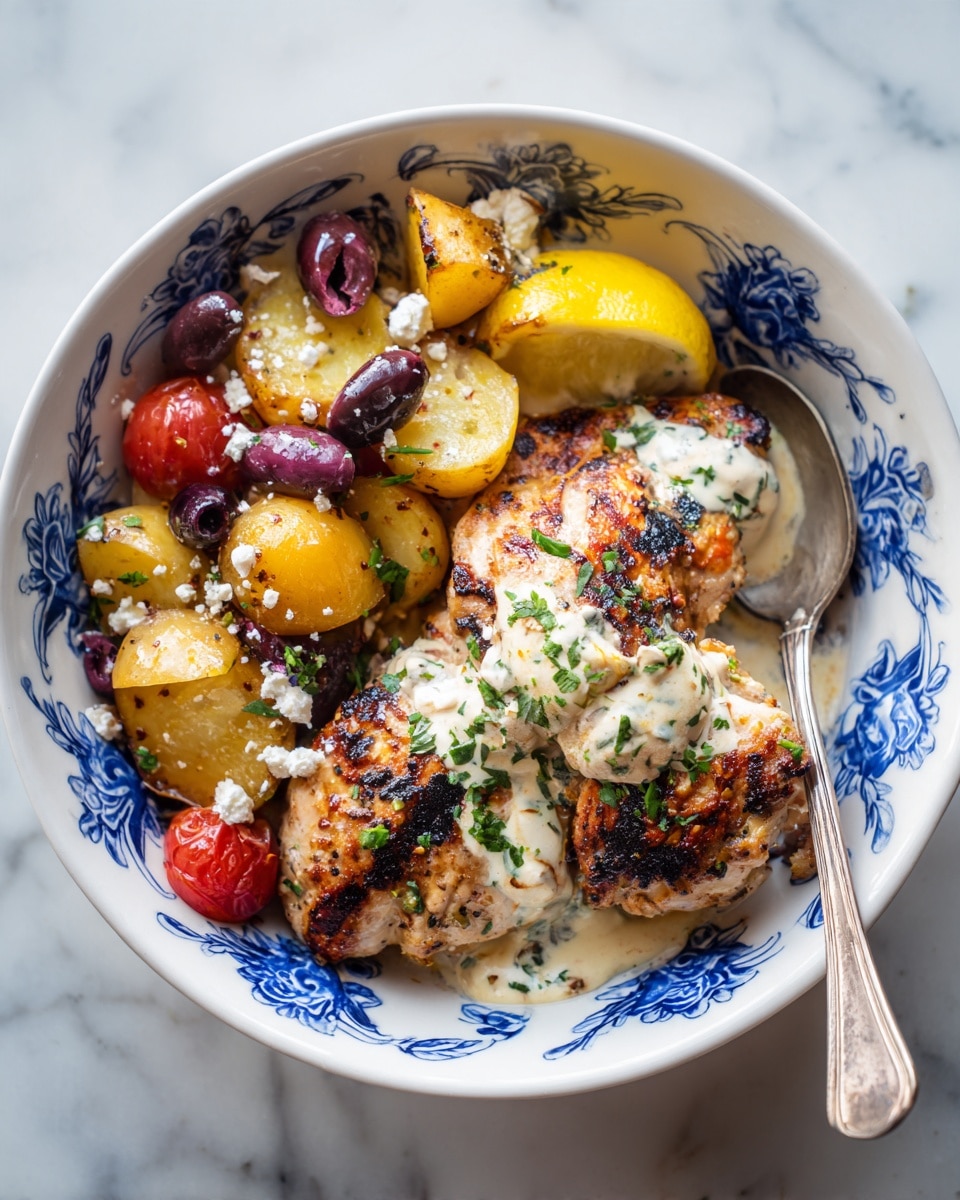 In a white bowl with blue floral designs, there are two grilled chicken pieces with a golden-brown color and some black grill marks, topped with a white creamy sauce sprinkled with green herbs. On the left side, there is a mix of roasted vegetables including yellow potatoes, red cherry tomatoes, and purple olives with some white cheese crumbs scattered over them. A lemon wedge rests at the top near the chicken. A silver spoon is placed inside the bowl resting among the vegetables. The bowl is set on a white marbled surface with hints of blue color visible. Photo taken with an iphone --ar 4:5 --v 7