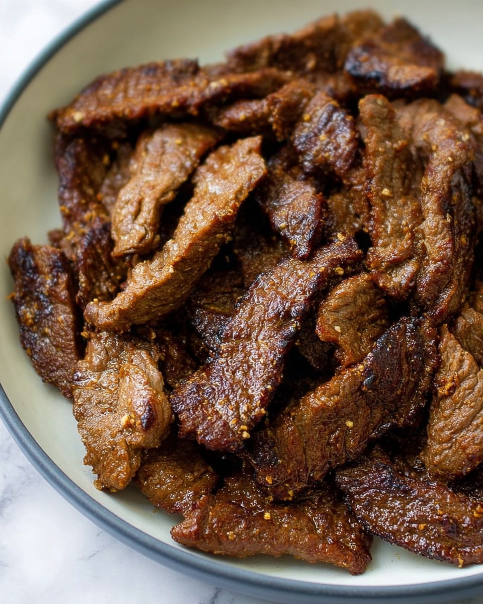 A close-up view of many pieces of cooked beef strips piled on a white plate with a thin gray rim. The beef strips show a rich dark brown color with a slightly crispy texture and some visible seasoning bits on the surface. The meat pieces vary in size and shape, and the plate sits on a white marbled background. photo taken with an iphone --ar 4:5 --v 7
